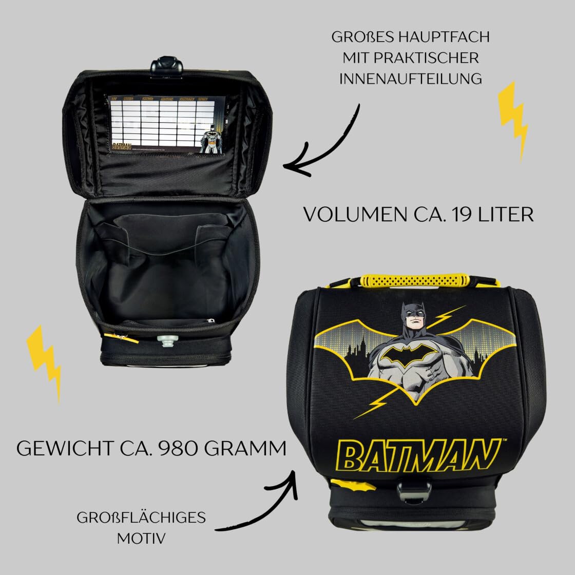 Undercover Juego de mochilas escolares de 5 piezas, para niñas de 1ª clase, con contenido personalizado, estuche escolar, diseño de Scooli, Batman Negro, Juego de mochila escolar