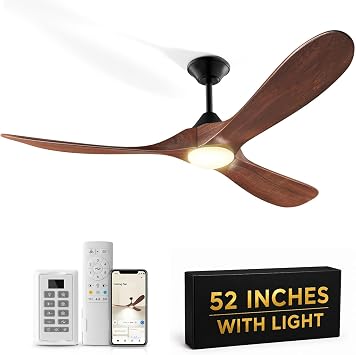 Wall Switch Outdoor Ceiling Fan with Light Remote for Patios, Wet Rated Wood 3-Blade Propeller Ceiling Fans, Smart APP, High CFM 6-Speed DC Motor for Exterior Indoor, 3 LED Glass Lamp, Walnut