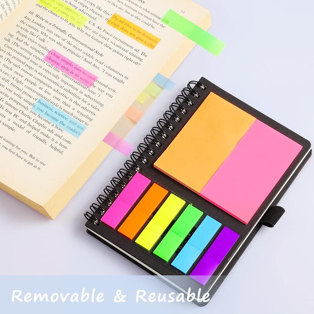 AGPTEK Carnet à Spirale avec Notes Colorées, Bloc Note Couverture Kraft, Cahier Spirale avec Porte-Stylo, Notes Autocollantes pour Étude et Bureau Noir