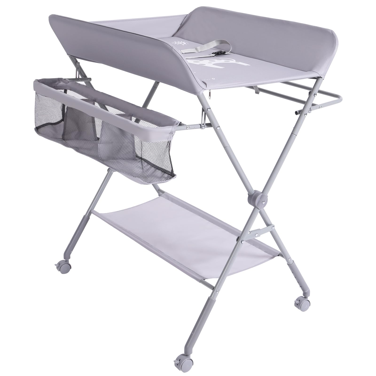 Karaok Baby Changing Table with Wheels, Portable Diper Changing Station with 4-Level Height Adjustment & Storage Rack for Newborn, Infant(Light Grey)