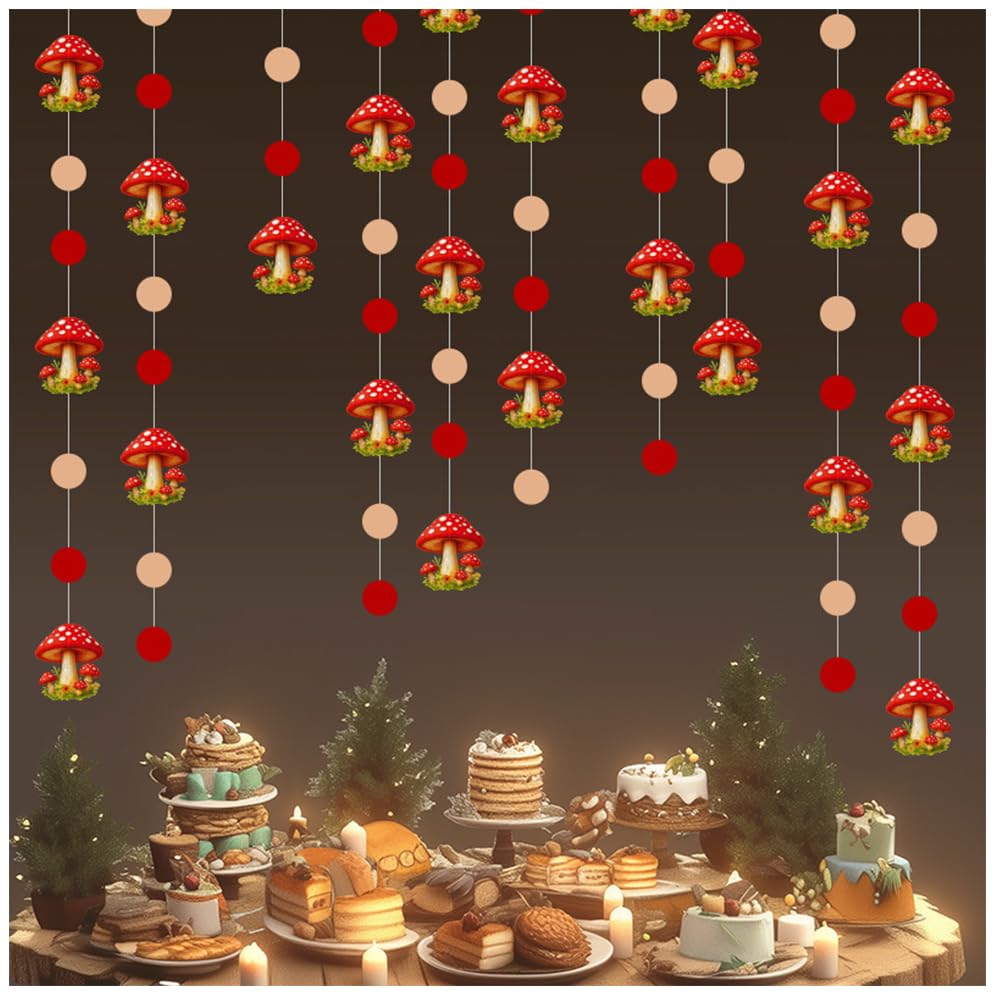 Mushroom Party Decorations Colorful Double- Sided Printing Mushroom Circle Dots Garland Enchanted Forest Hanging Streamer Banner for Mushroom Forest Theme Birthday Wedding Baby Shower Supplies