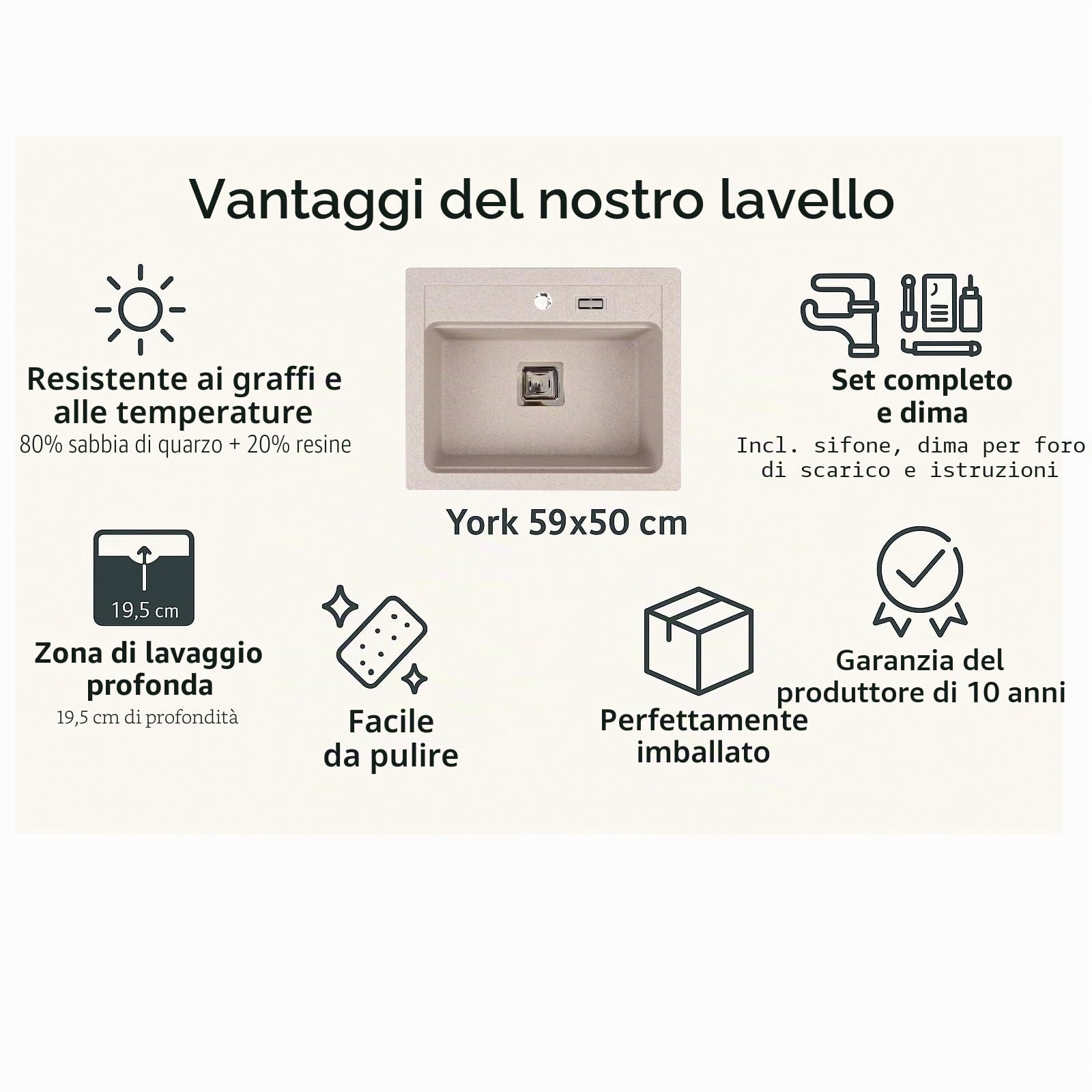 QLS Lavello granito 59x50 cm beige con sifone