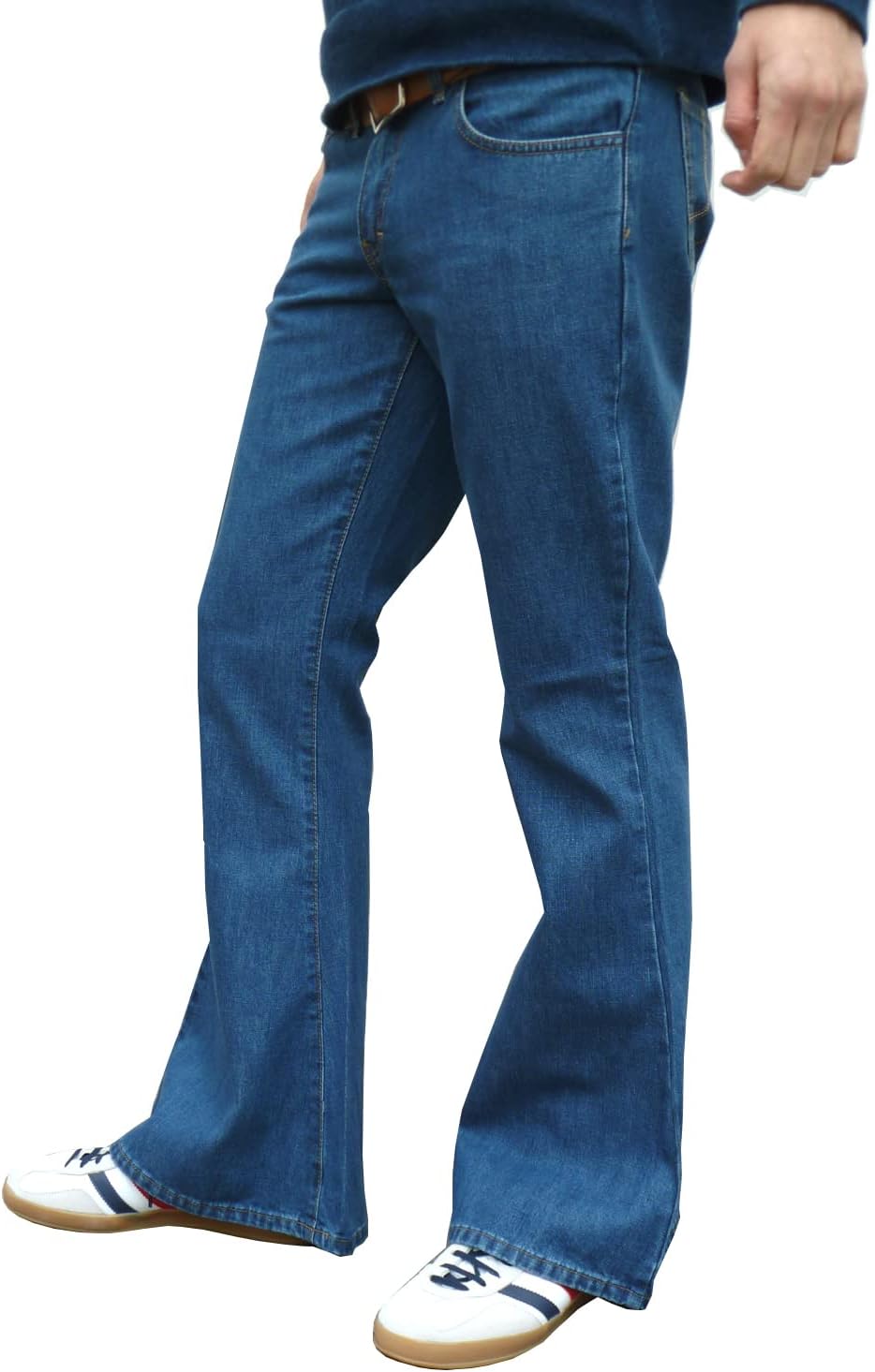 Mens Stonewash Blue Denim Bell Bottom Mod Retro Flares Jeans