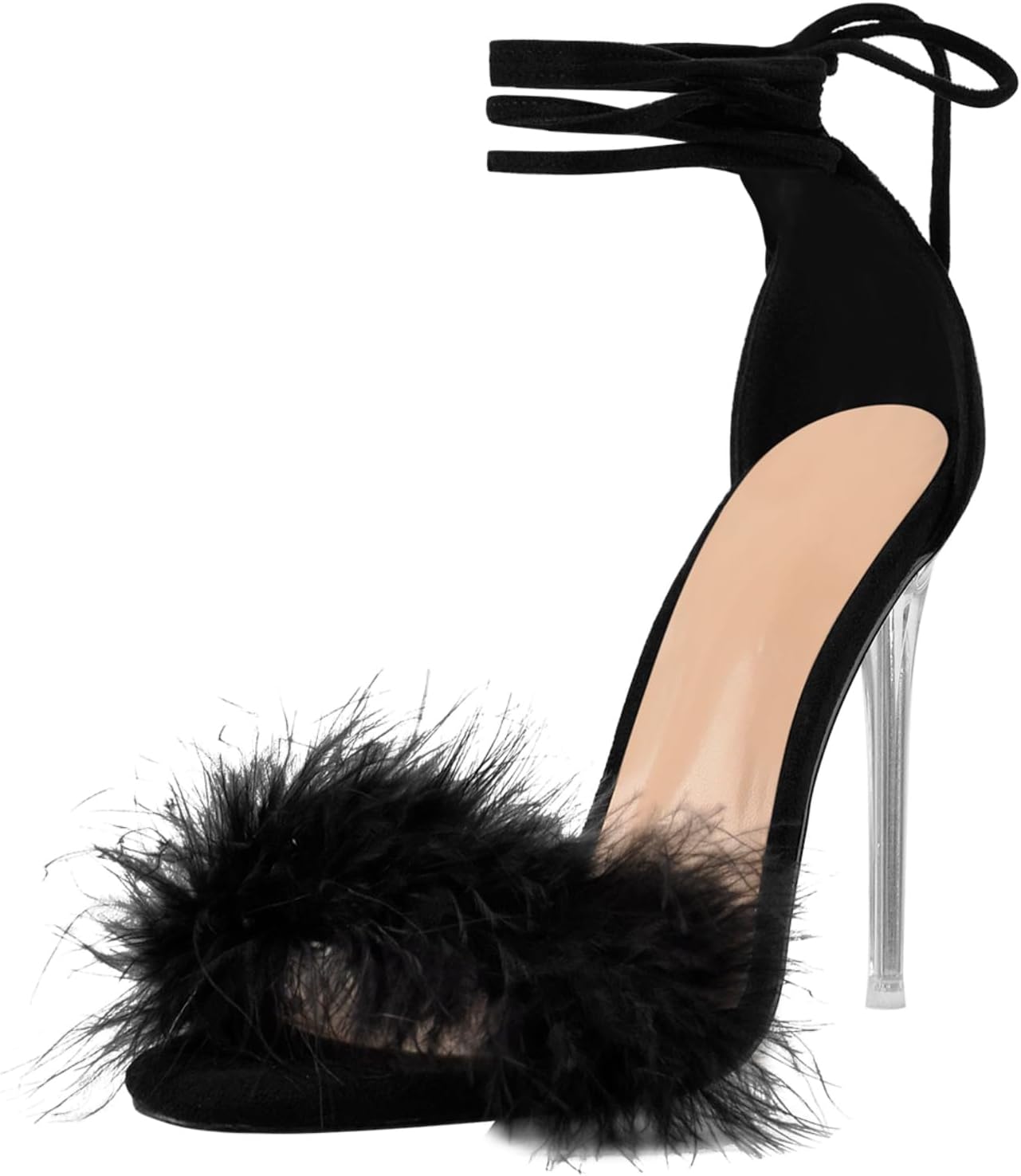 Richealnana Women's Fuzzy Strappy Wrapped Artificial Feather Clear Heeled Sandals - Image 2