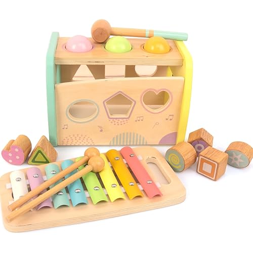WOODENFUN Hammering Pounding Toys Wooden Educational Toy Xylophone Shape Sorter, Birthday Gift for 1 2 3 Years Boys Girls Baby Toddler Kids Developmental Montessori Learning Toy (Yellow)