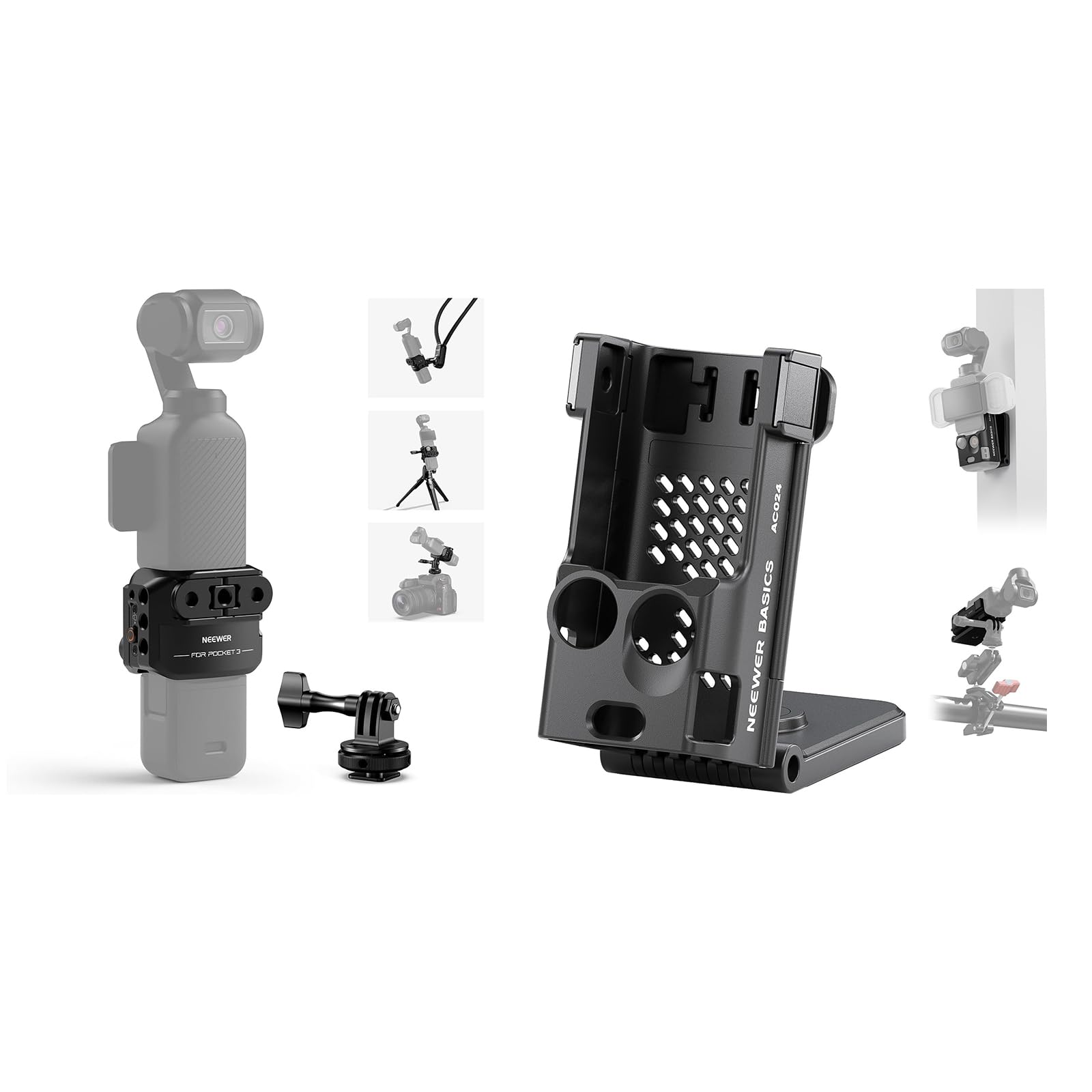 Action Camera Cage & Magnetic Mount Holder Compatible with DJI Osmo Pocket 3 Creator Combo Accessories, Aluminum Alloy Gimbal Video Recording Rig with Extension Adapter 1/4" Threads Cold Shoe