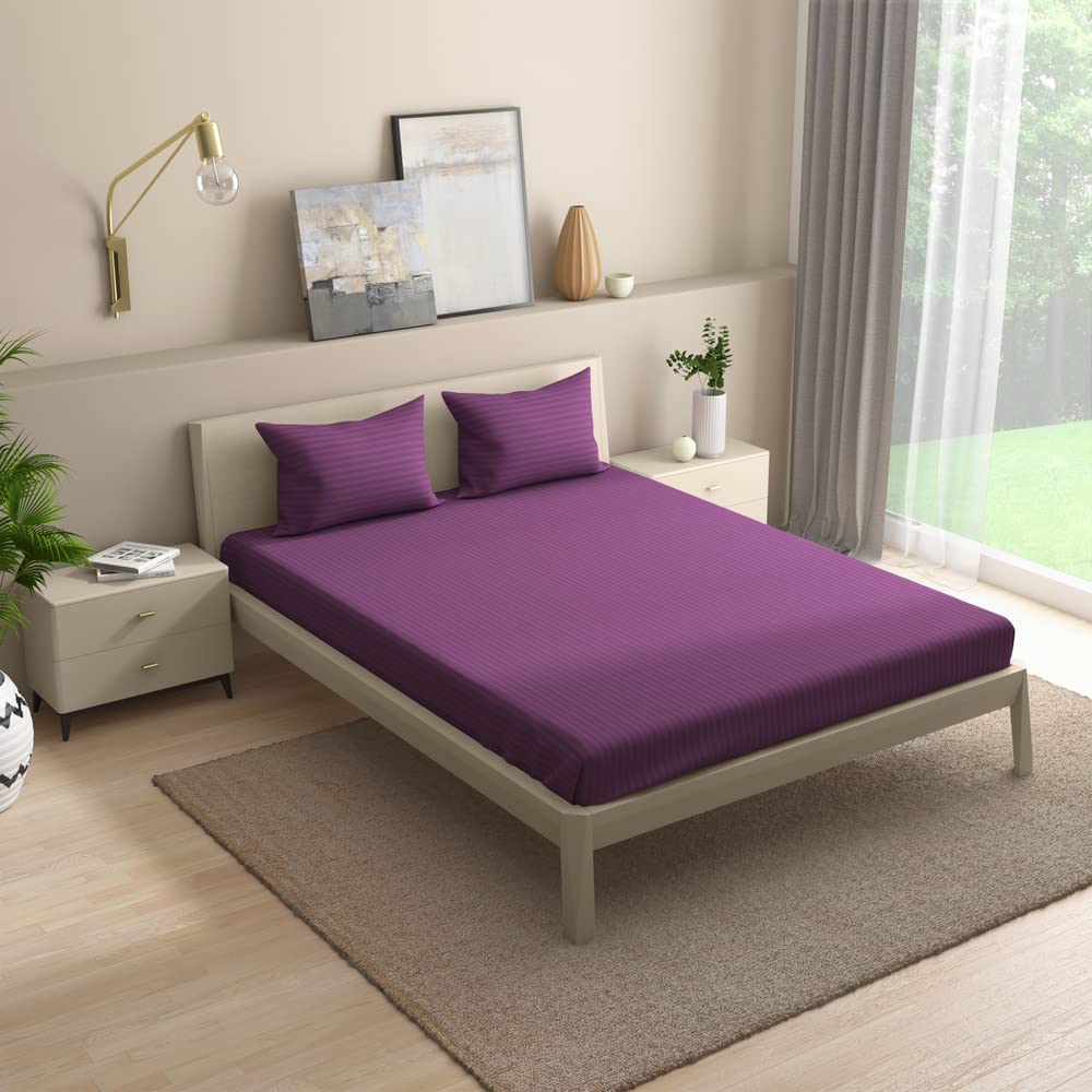 Wakefit Cotton Fitted Bedsheet | 215 TC Elastic Fitted Sheet, Queen Bed Bedsheet with 2 Pillow Covers | Wood Violet - 78x60 inches