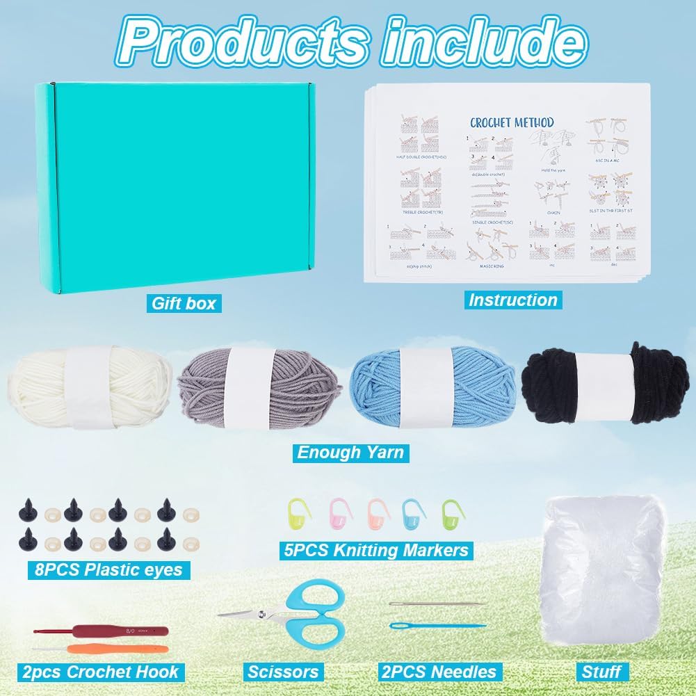 ORIGACH 4 Sets Crochet Shark Kit for Beginner Adults, Handmade Shark Starter Crochet kit Complete Crochet Set with Step by Step Video Tutorial Instruction