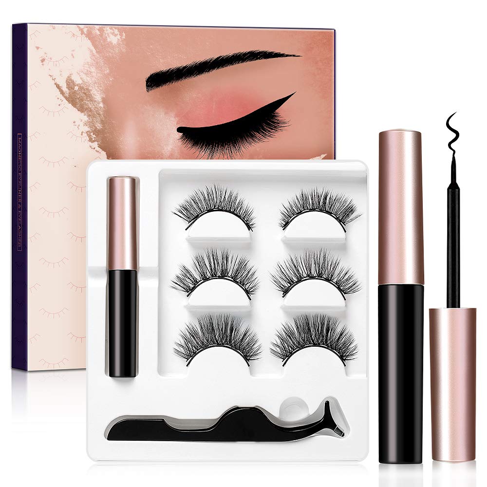 3 Pairs Magnetic Eyelashes and Eyeliner Kit, No Glue Reusable False Eyelashes, Easier To Use Than Traditional Magnetic Eyelashes