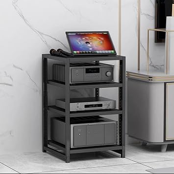 AV Media Stand, Audio Rack with Adjustable Shelves, Modern Open Media Stand, Rack Audio Tower, Sturdy Video Media Stand for Living, Gaming, Recording RoomBlack,4-Tier