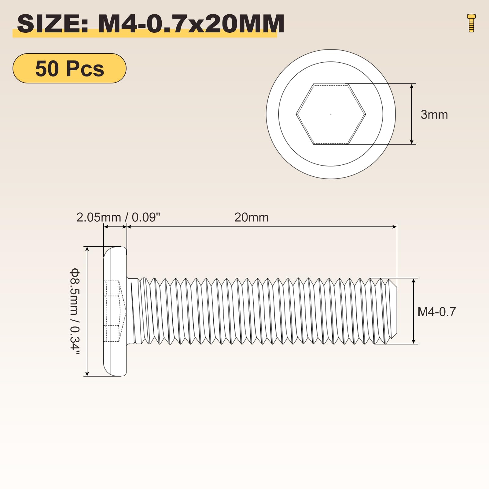 METALLIXITY Flat Head Hex Socket Cap Screws Bolts(M4-0.7x20) 50Pcs, 304 Stainless Steel Hex Socket Furniture Bolts Screws - Image 2