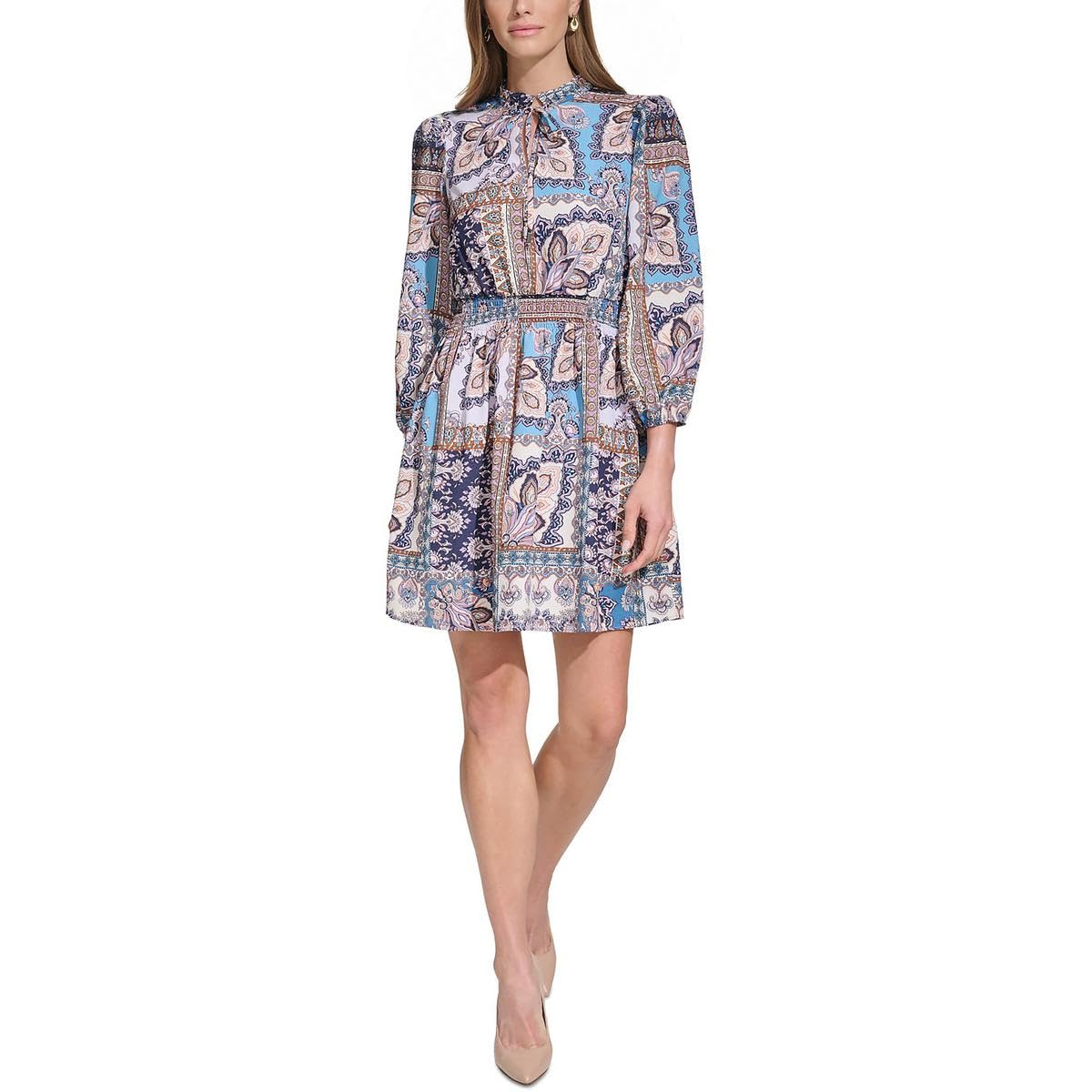 Vince Camuto Women's Tie Neck Short Mini Dress for Summer Casual Parties Velvet Material High-Quality Mini Dress 