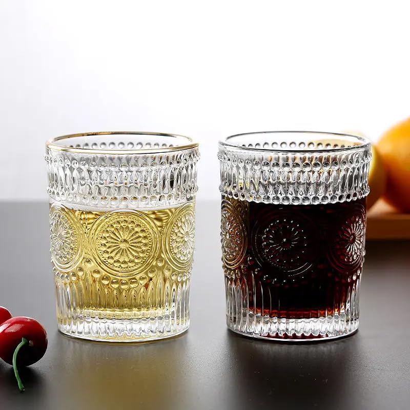Image of Whiskey Glasses Set of 2 pcs- 300 ml Bar Glass for Drinking Bourbon, Whisky, Scotch, Cocktails, Cognac- Old Fashioned Cocktail Tumblers (2, Embossed)