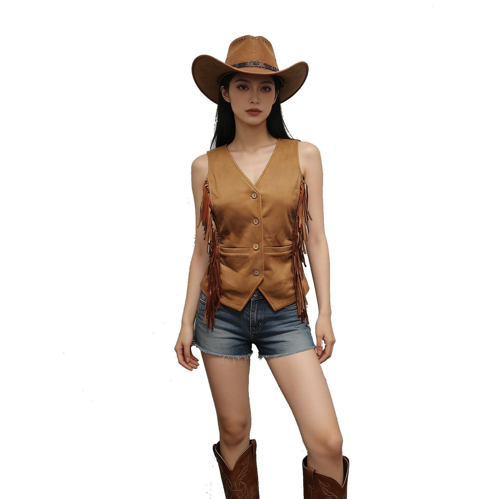 Chaleco largo con flecos mujer marrón estilo casual botones primavera M 5