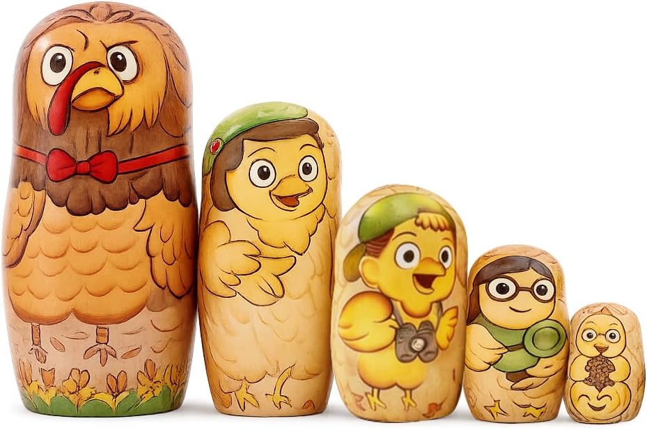 5 Layer Turkey Nesting Dolls Set, Russian Matryoshka Style, Cute Thanksgiving Turkey Figurines, Wooden Stackable Dolls, Fall Holiday Decor & Gift for Kids and Collectors