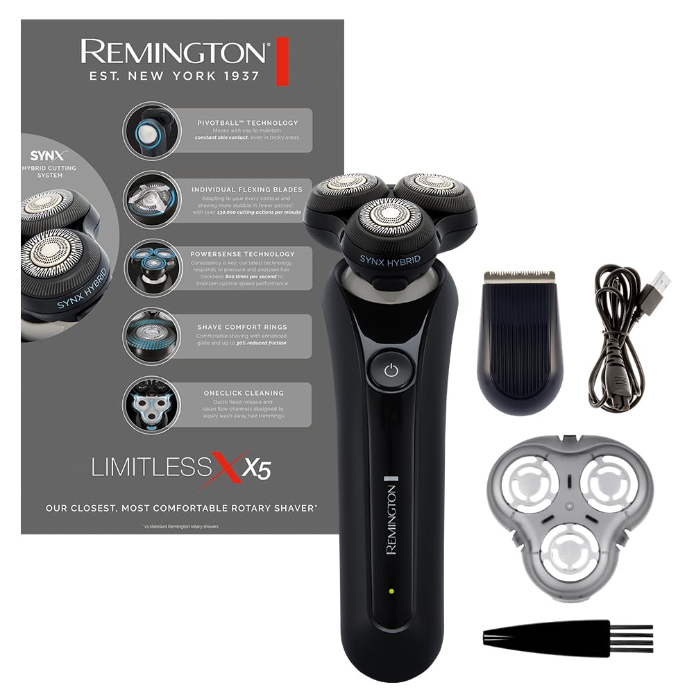 Remington XR1755 Afeitadora Rotativa y Láminas 2 en 1 X5 Limitless X, sistema de corte híbrido SynX, inalámbrica, recargable, uso en seco/mojado, recortador de precisión, Pivotball de 360°