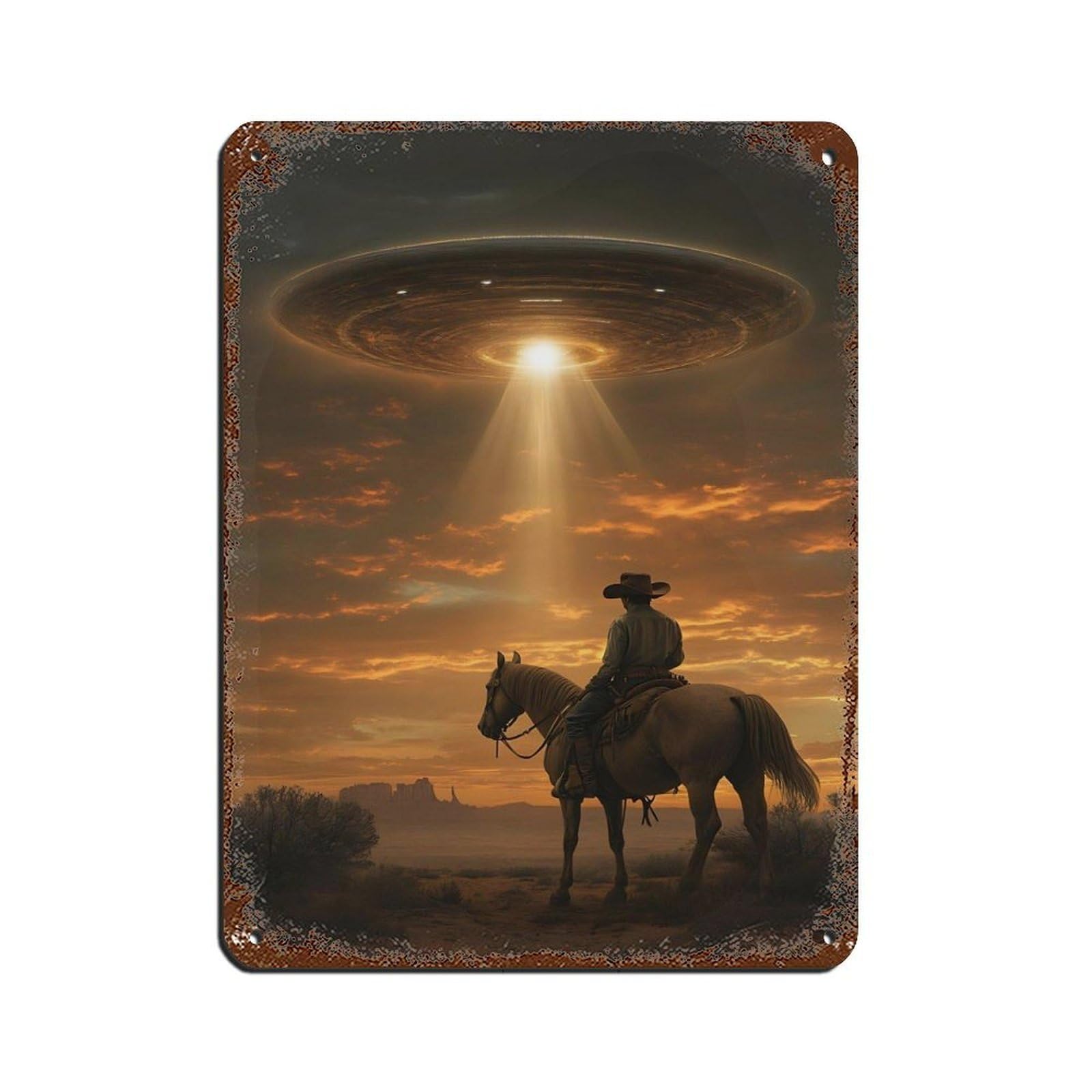 Lxwnze 30L X 40W Cm Alien Spaceship Cowboy Poster Retro Poster Metal Tin Sign Chic Art Retro Iron Painting Bar People Cave Cafe Family Garage Poster Wall Decoration 12X16inch(30X40cm)