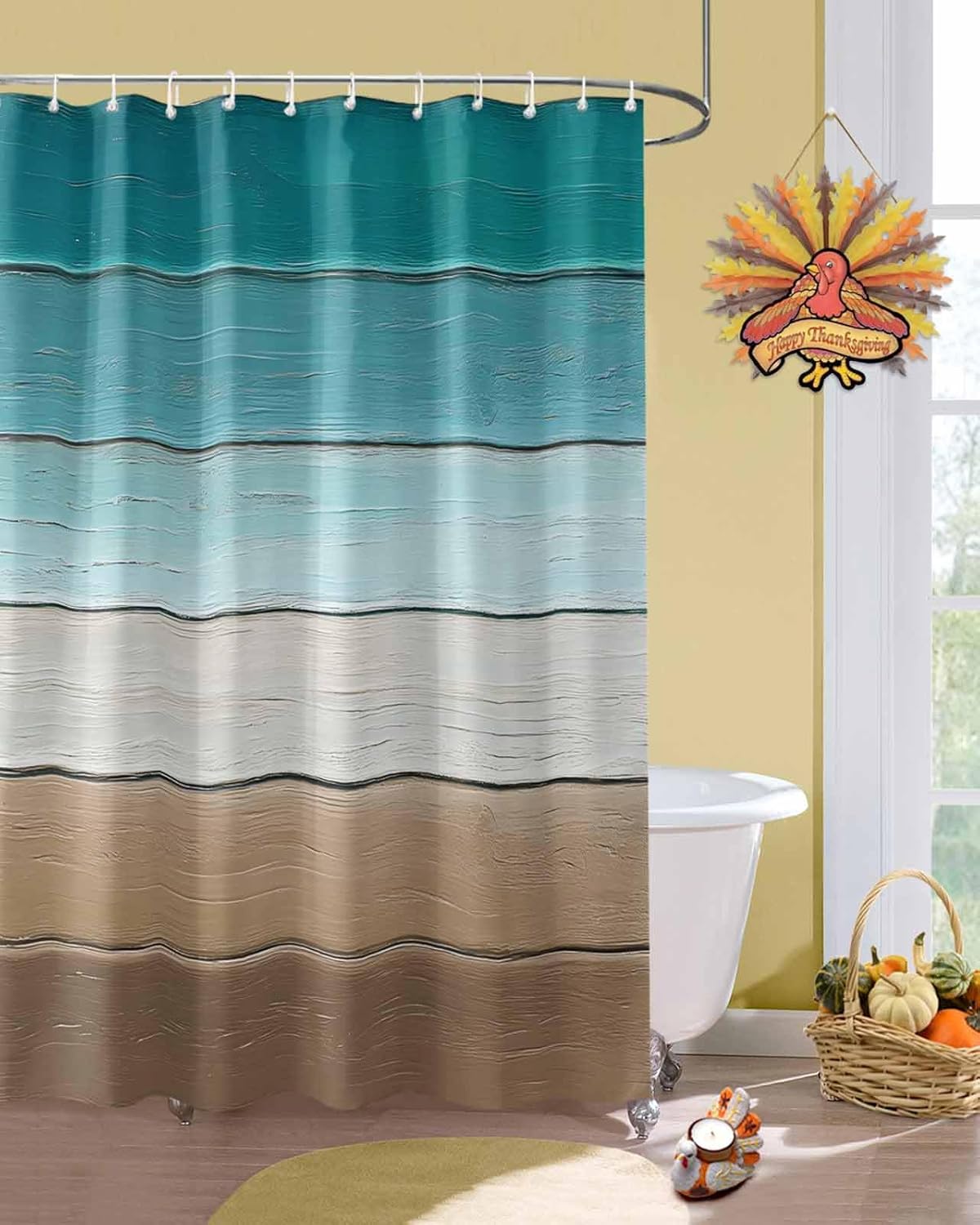 Extra Long Shower Curtain 72x84 Inch, Teal Brown Shower Curtain Waterproof Bathroom Decor Rustic Vintage Abstract Ombre Wooden Plank Fabric Bath Curtain Set Accessories with Hooks