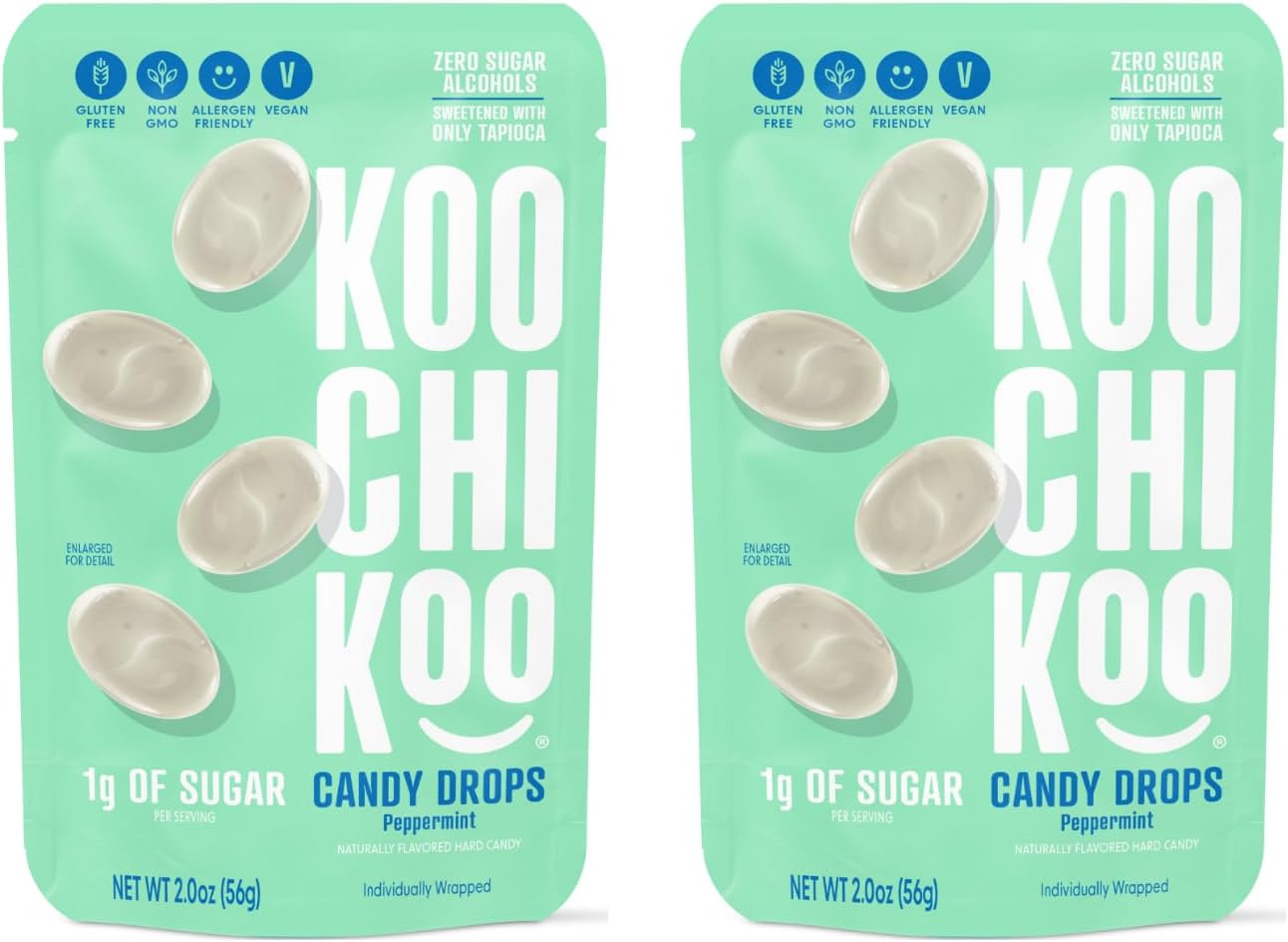 Flavored Hard Candy Drops, Peppermint Flavor, Vegan & Sugar Free Naturally Flavored Hard Candy, 16 Individually Wrapped Drops/Pouch (Pack of 2)