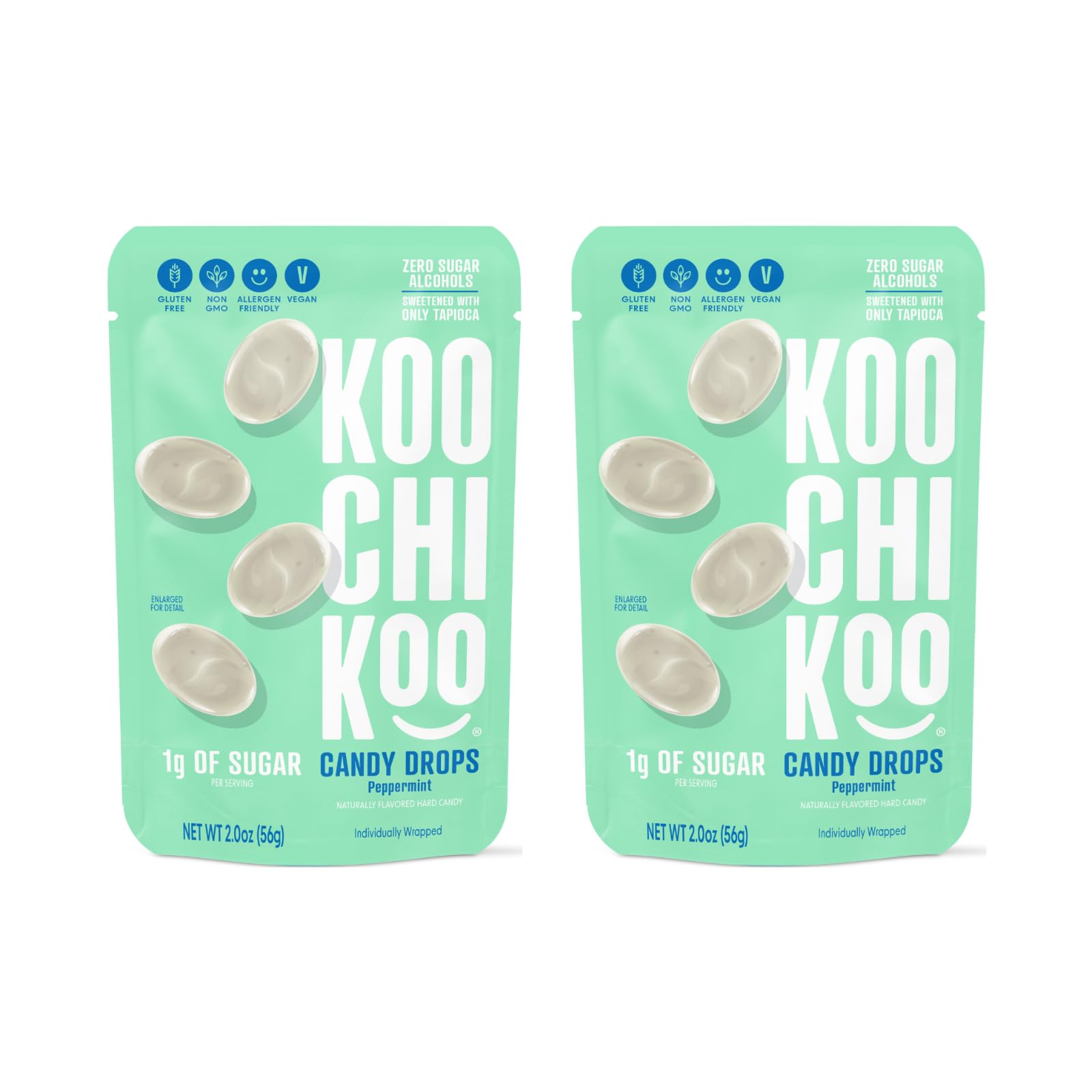Koochikoo Flavored Hard Candy Drops, Peppermint Flavor, Organic, Vegan & Sugar Free Naturally Flavored Hard Candy, 16 Individually Wrapped Drops/Pouch (Pack of 2)