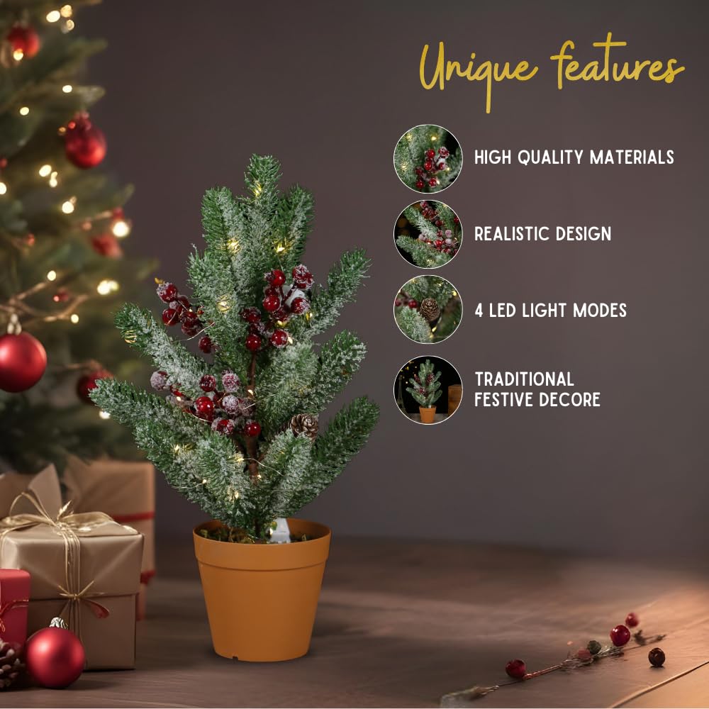Petit sapin de Noël floqué de neige avec lumière, baies rouges artificielles et pommes de pin pré-éclairées pour intérieur, centres de table, porche, décorations de Noël extérieures (48,3 cm)