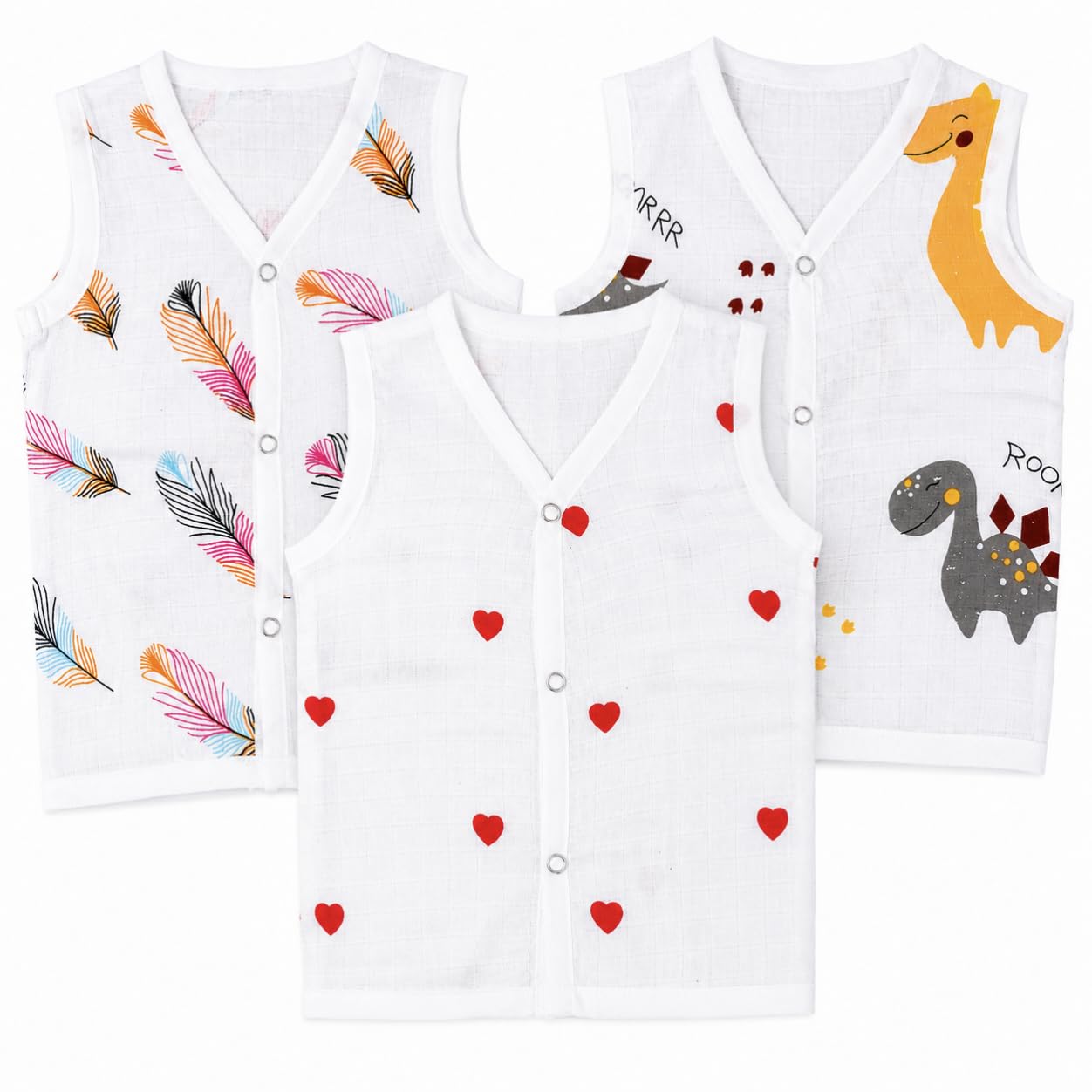 MomNess Baby Muslin Jabla Vest, 100% Pure Muslin Cotton, Sleeveless Front Open, Snap Buttons, 0-3 Months, Pack of 3-image-9