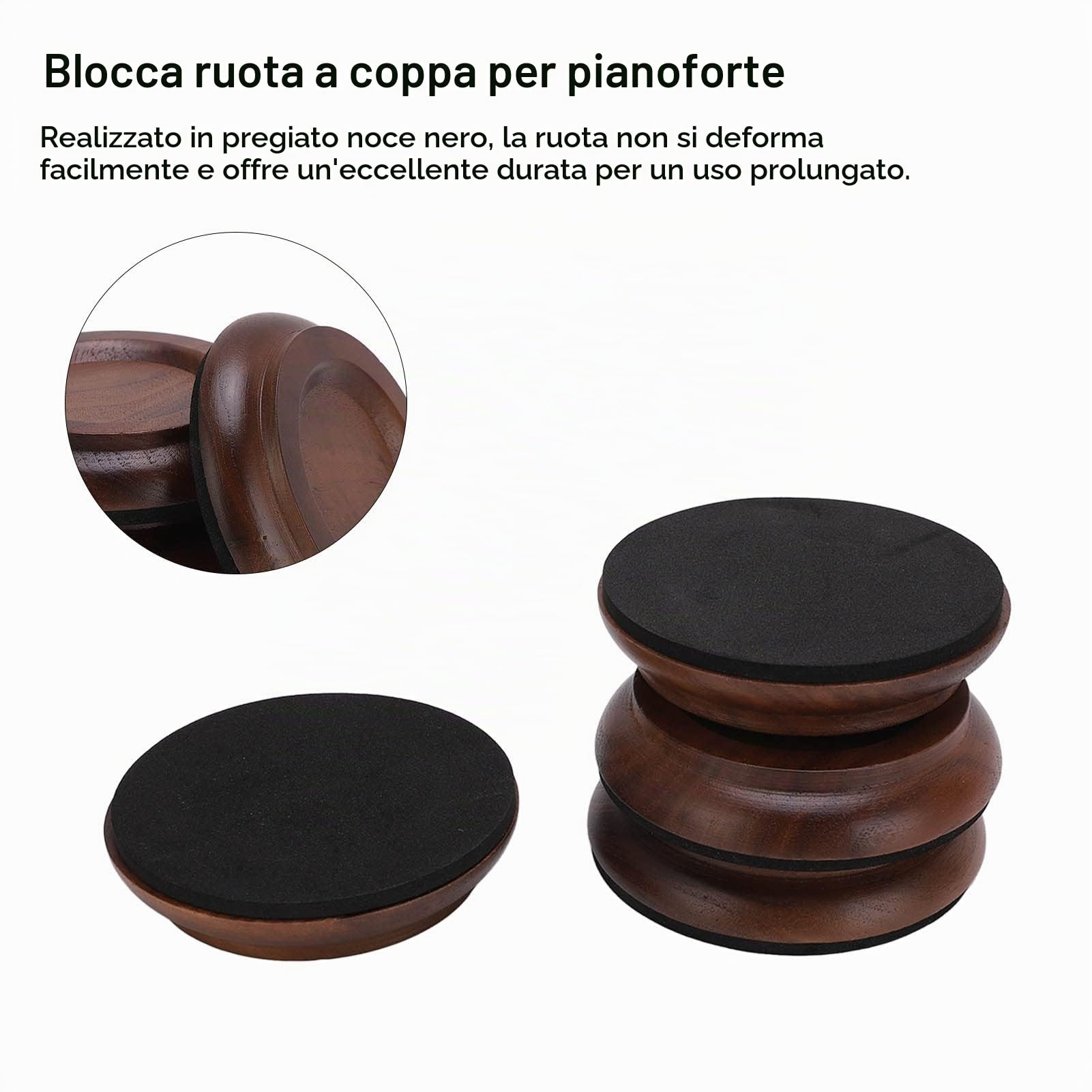 Coppe per Rotelle per Pianoforte, Protezione Antiscivolo e Antirumore, in Noce, per Pianoforte Verticale e Mobili, Stabile e Resistente, Facile da Installare, Versatile per Mobili e Pavimenti
