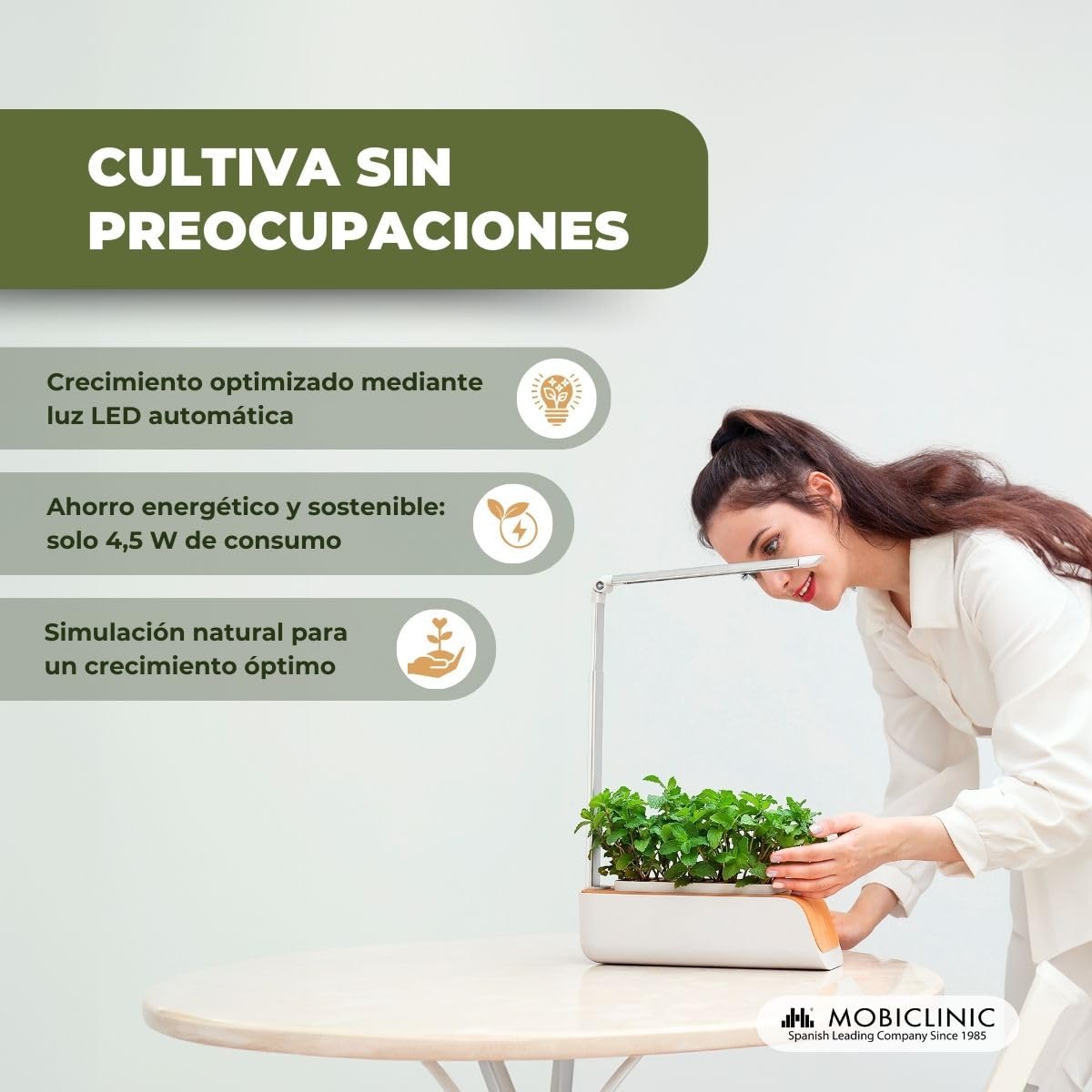 Mobiclinic®, Sistema de Cultivo Hidropónico Interior, Mini-Grow, Huerto de Interior, Luz Crecimiento, Altura y Ángulo Ajustable, Temporizador, Kit Germinación para Plantas, 4,5W, Led Automática