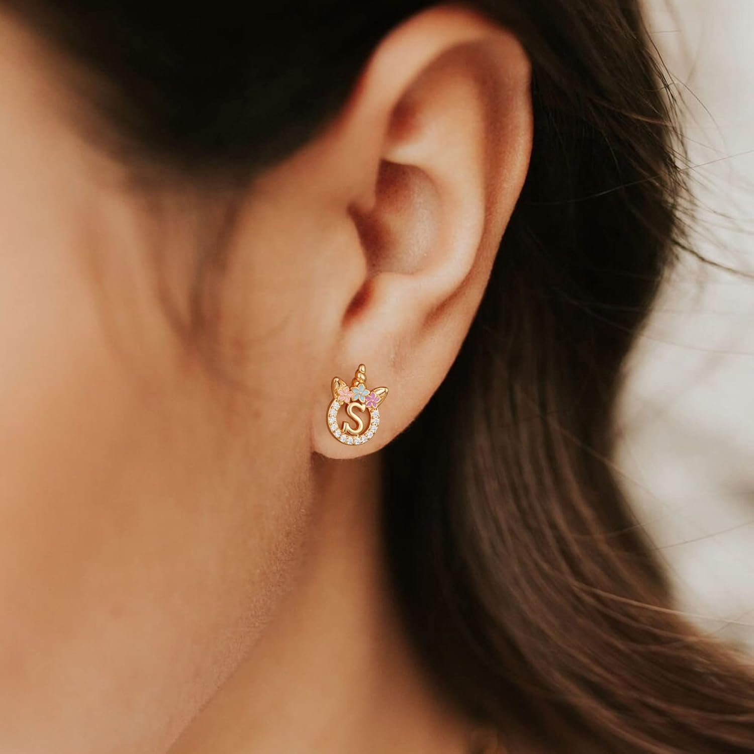 925 Sterling Silver Unicorn Earrings, 14K Gold/Rose Gold/Silver/Unicorn Earrings for Girls Kids Toddler Little Girls Hypoallergenic Letter Initial Earrings for Girls Christmas Gifts - Image 4