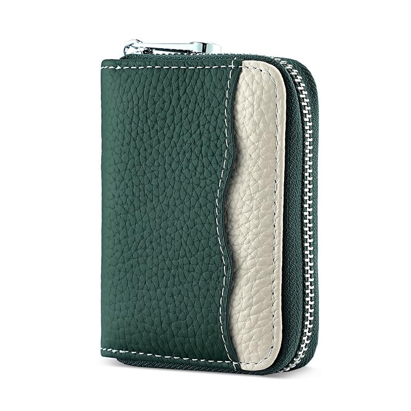 Image of Linno RFID 20 Slots Credit Card Holder Genuine Leather Small Wallet for Women or Men with Zipper, New Green, 4.1 x 3.3 x 1.21 inches, Fashion Accordion Card Case