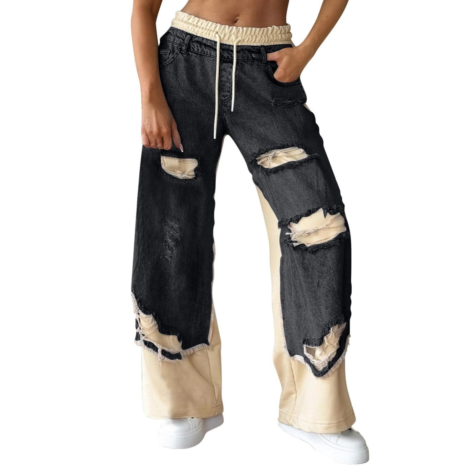 Womens Baggy Patchwork Jeans Wide Leg Pants Drawstring Elastic Waist Pant Ripped Y2k Denim Pants Casual Jean