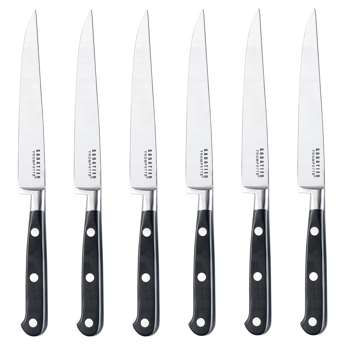 RICHARDSON SHEFFILED - Coffret 6 couteaux steak lame lisse - Sabatier Trompette - Acier MoV finition satinée manche ABS et rivets acier - 23 cm (lame 10 cm) - Noir