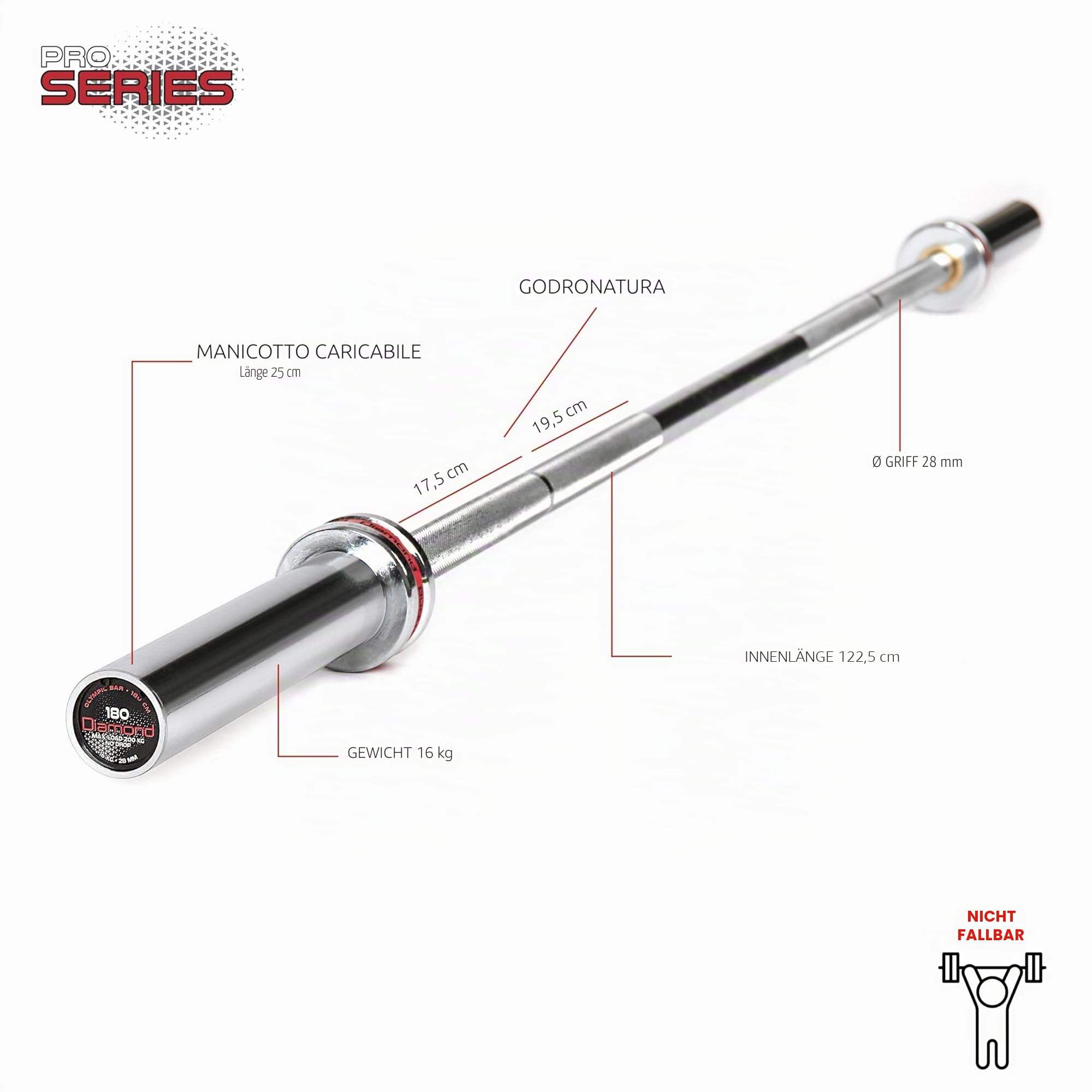 DIAMOND Olympische Langhantelstange 150/180/220 cm Power Training [maximale Belastung 330 kg] olympionisches Loch 50 mm | rutschfester Griff