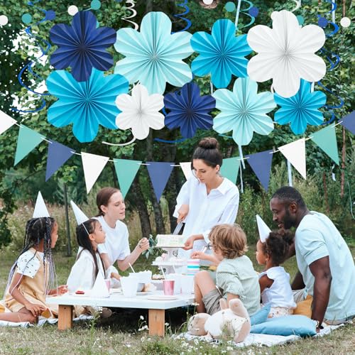 Image of Navy Blue Birthday Graduation Party Decoration 22 Pcs Hanging Paper Flower | Tassel Garland & Swirls for Wedding Bridal Showers Baby Shower Classroom Decor Backdrop Supplies Easy to Assemble Reusable