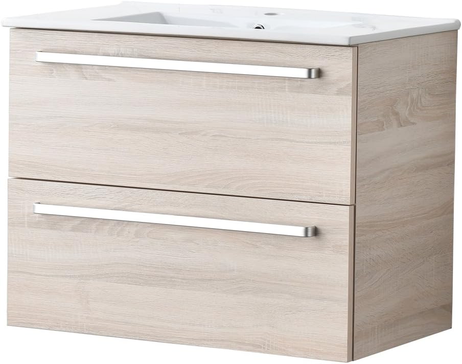 RESSORTIR Mordern Luxury 2-Drawer Wall-Mounted Bathroom Vanity with Ceramics Sink, Briccole Oak, 30"