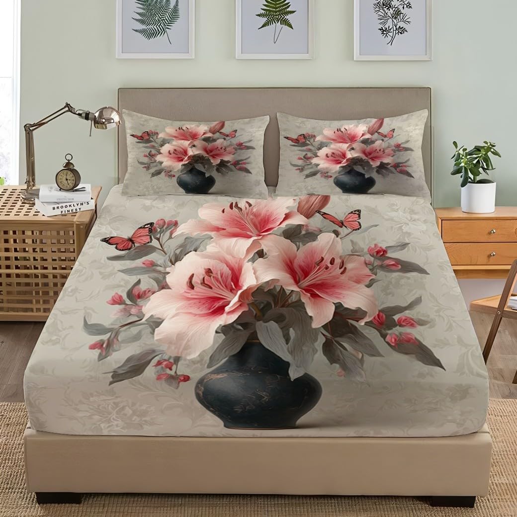 Drap Housse 200x200cm Rose Bande Élastique Réglable 2 Personnes Lit