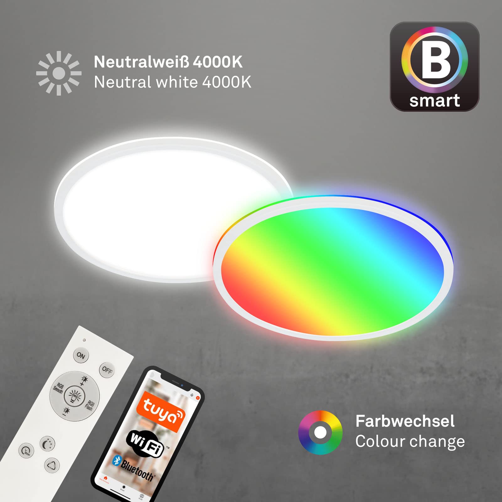 BRILONER - Plafoniera LED intelligente, colori brillanti RGB, effetto luce indiretta, luce bianca neutra, lampada da salotto WiFi, telecomando, controllo vocale
