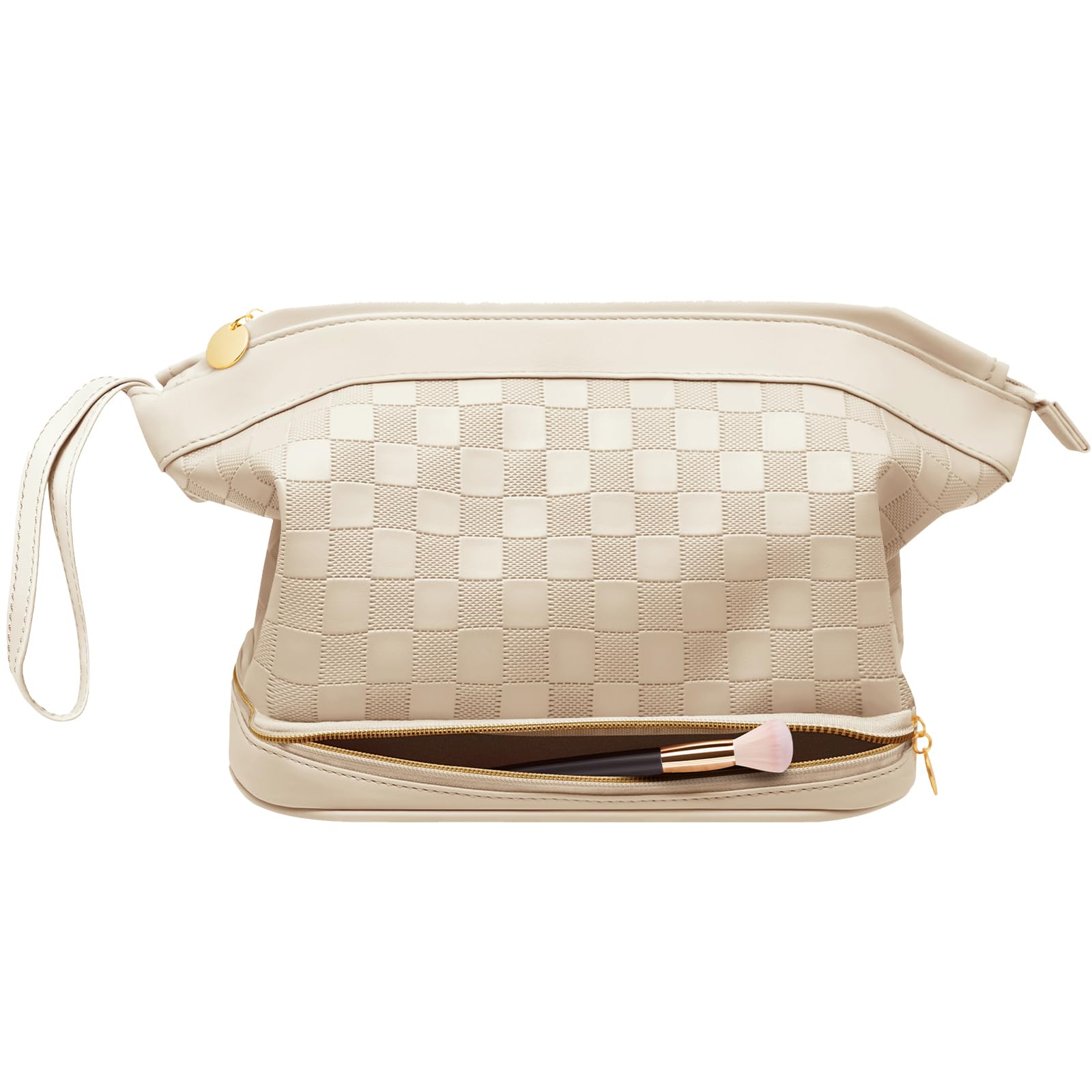Hairao Toiletry Bag for Women, Large Makeup Bag with Double Layer Design, Waterproof Checkered Makeup Organizer Bag, PU Leather Cosmetic Travel Bag