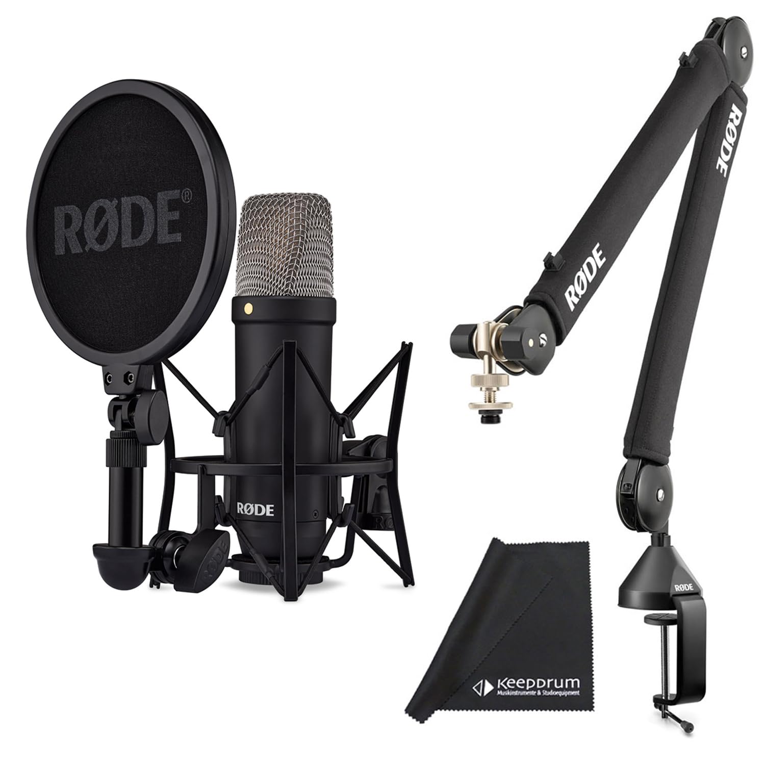 Rode NT1 Signature Black Microphone de studio + PSA-1 + trépied à bras articulé + chiffon en microfibre Keepdrum