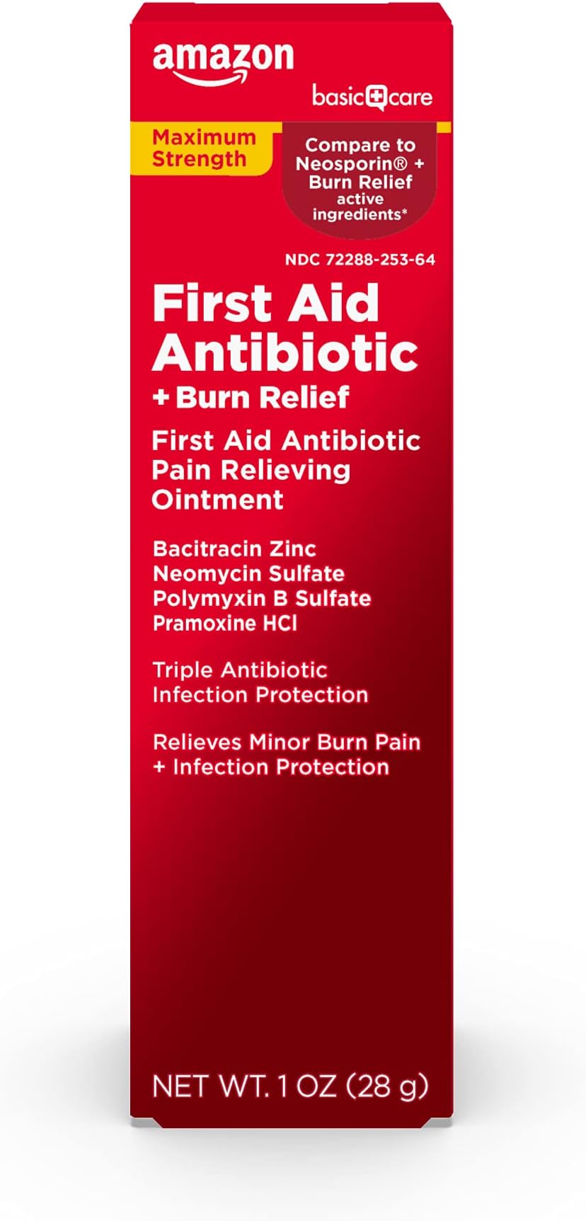 Amazon Basic Care First Aid Antibiotic + Burn Relief, Maximum Strength Triple Antibiotic Ointment for Minor Cuts, Scrapes, Infection Protection, 1 ounce (Pack of 1)