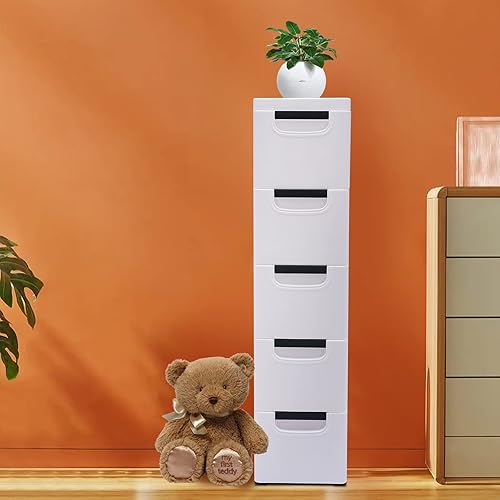Miniatura 6 de Eapmic Cajones de plástico, armario de almacenamiento con 5 cajones, cajones de armario altos de pie, muebles de noche y mesa auxiliar para oficina,