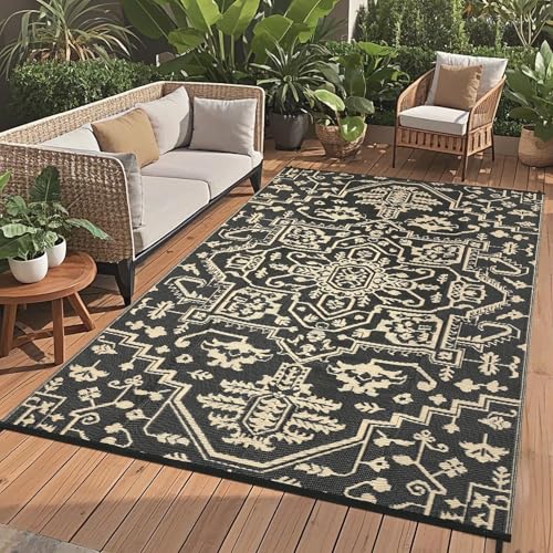COZYLOOM Porch Rugs Outdoor Waterproof 9x18 Outdoor Camping Rug, Vintage Oriental Plastic Straw Rugs with Portable Bag, Reversible UV Resistant Rug for Picnic Backyard Deck RV, Black Brown T