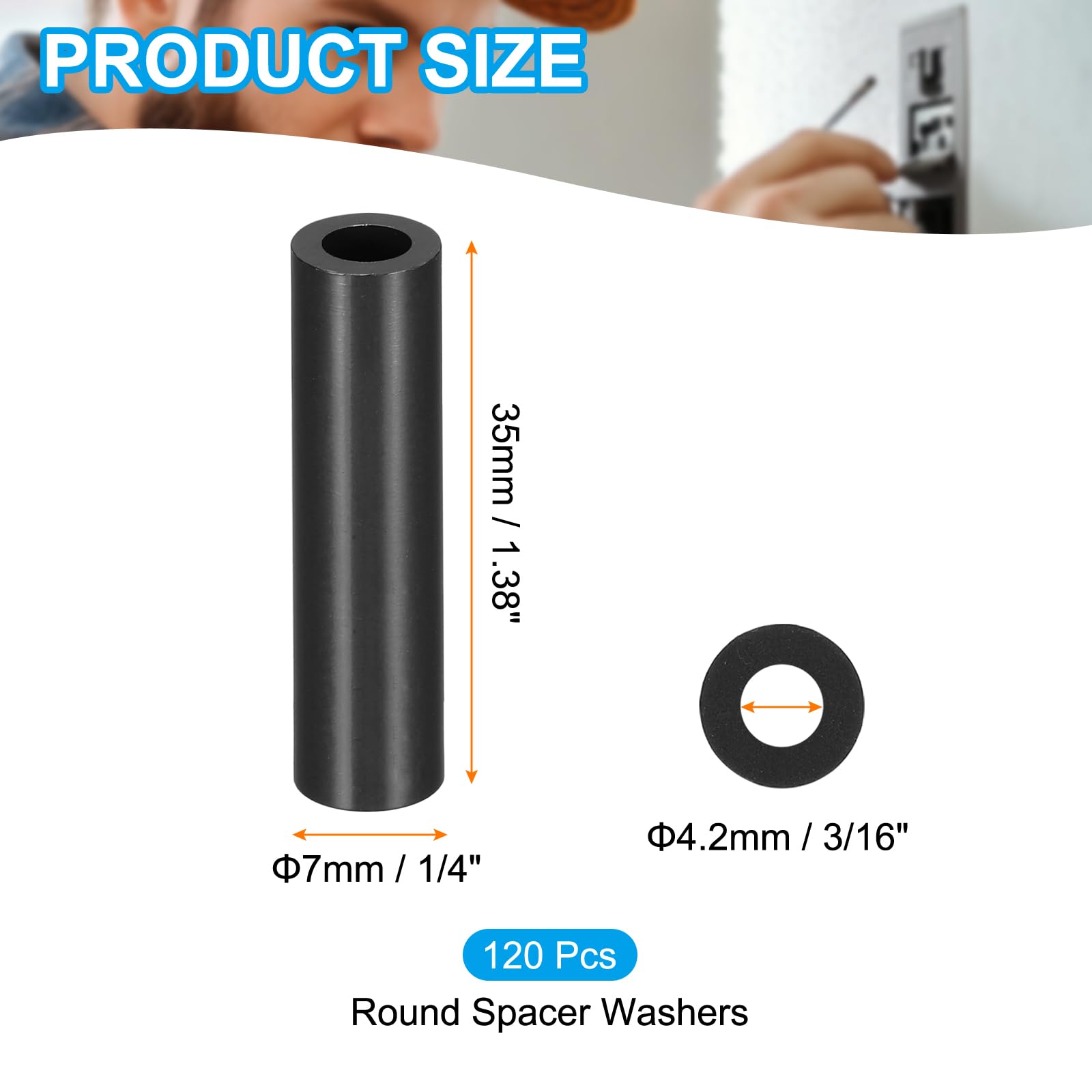 PATIKIL 120Pcs M4 ABS Spacers M4 x 7mm OD x 35mm L Plastic Round Spacer Washers Black Standoff Nut Unthreaded for Screws Bolts Electrical Outlet - Image 2