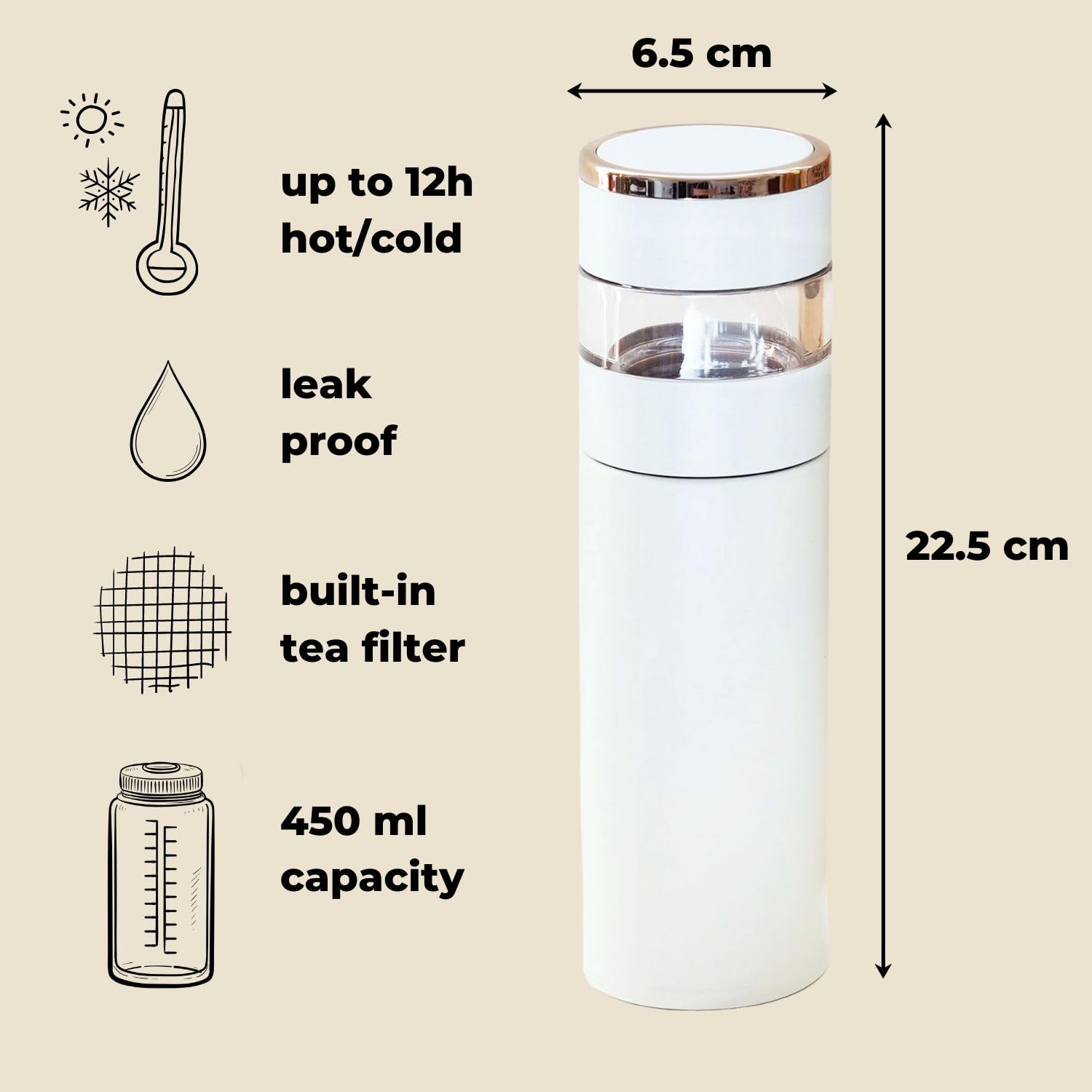 Bouteille à thé blanc 450 ml – Bouteille de thé en vrac avec infuseur, bouteille à thé pour chaud et froid, gobelet de voyage