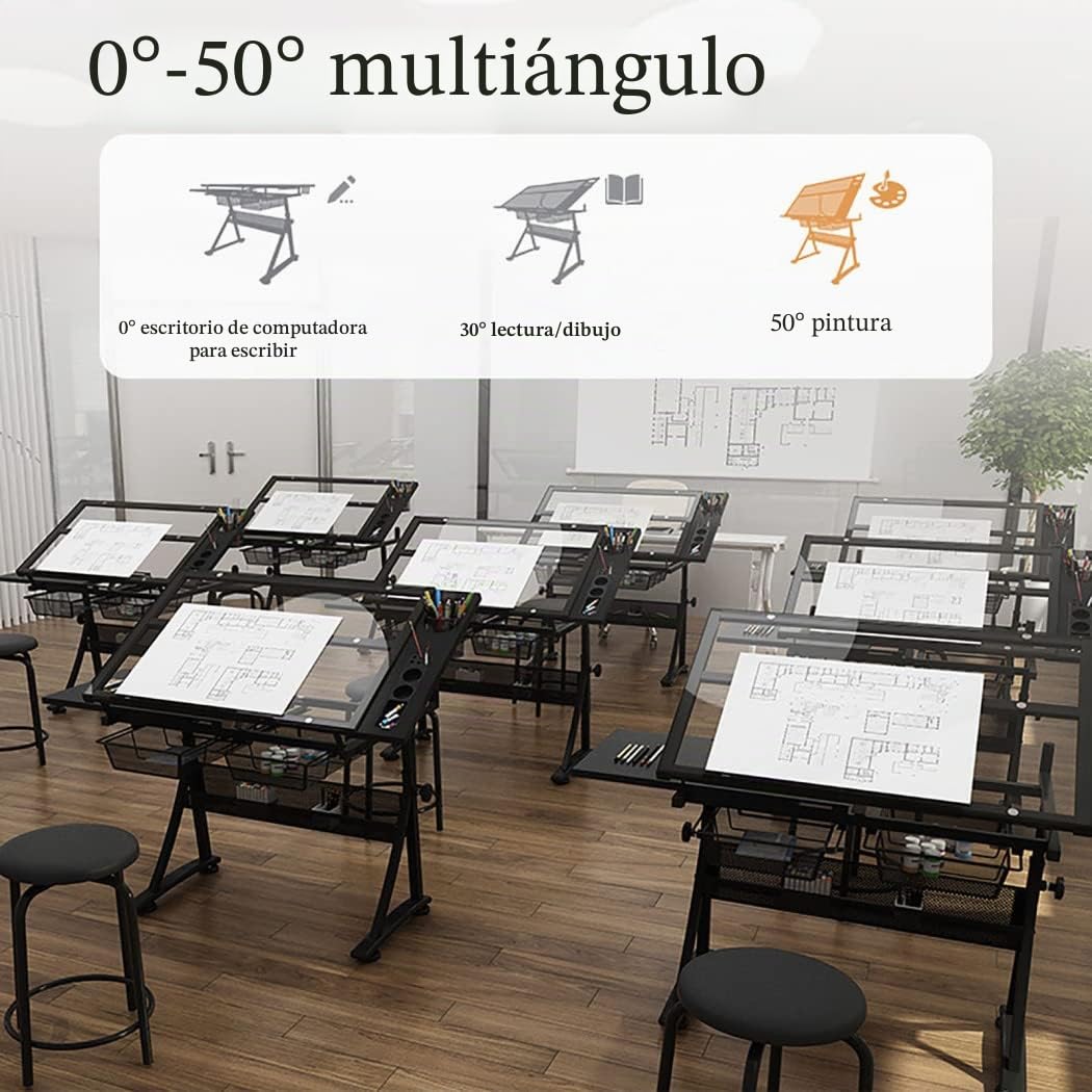 Mesa de dibujo de artistas de altura ajustable con taburete, estación de trabajo perfecta para artistas, parte superior de vidrio templado, 2 cajones, escritorio inclinable para leer, dibujar,