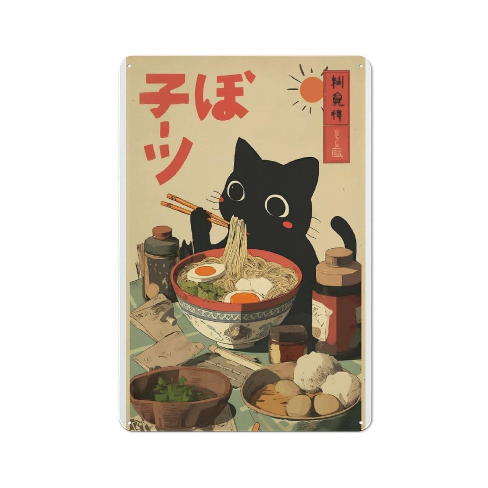 Black Cat Eating Ramen Urban Metal Wall Decor 30x20cm, Metal Wall Art Sign for Loft, Studio, Office Or Creative Room
