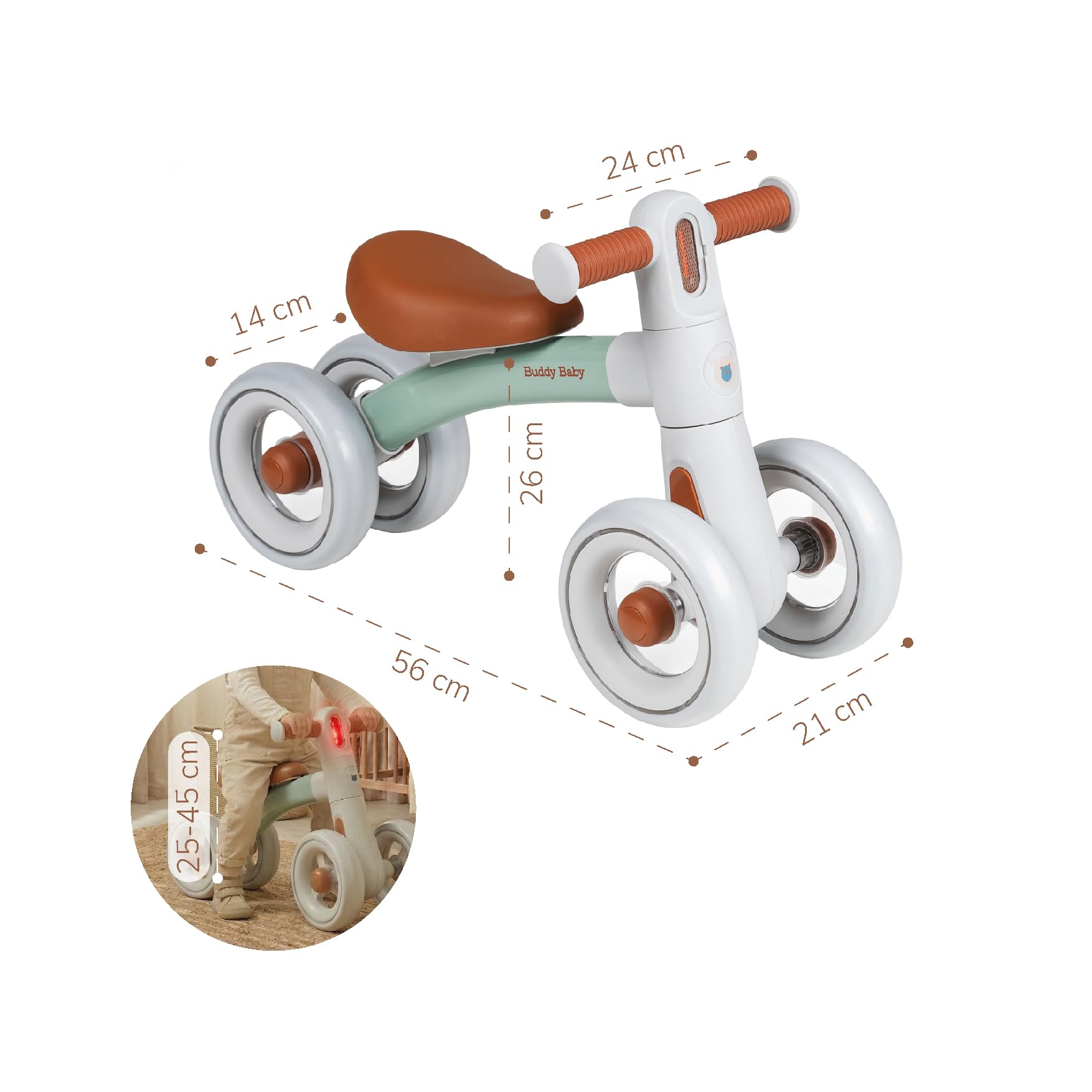 Buddy Baby - Bicicleta sin Pedales XRIDER - Desde 12 Meses - Ultraligera (Solo 1,5 kg) - Ruedas EVA silenciosas - Giro Manillar Seguro 135° - Herramientas Incluidas - Luz integrada con 3 Modos