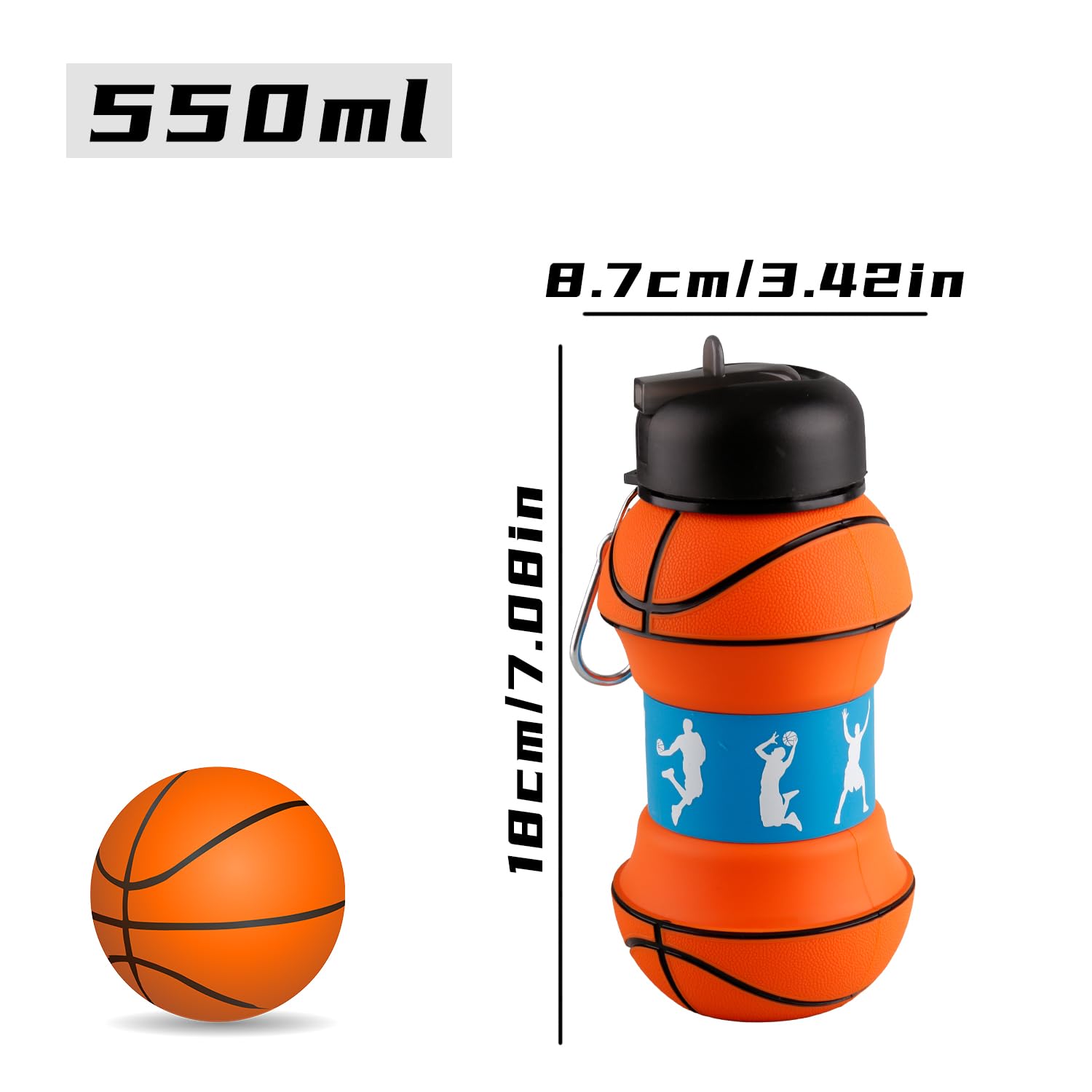 Thyonta 550ml Silicone Collapsible Ball-Shaped Water Bottle Leak-Proof and Impact-Resistant Design Portable and Durable Sports Cup for Outdoor Activities (Basketball) - Image 2