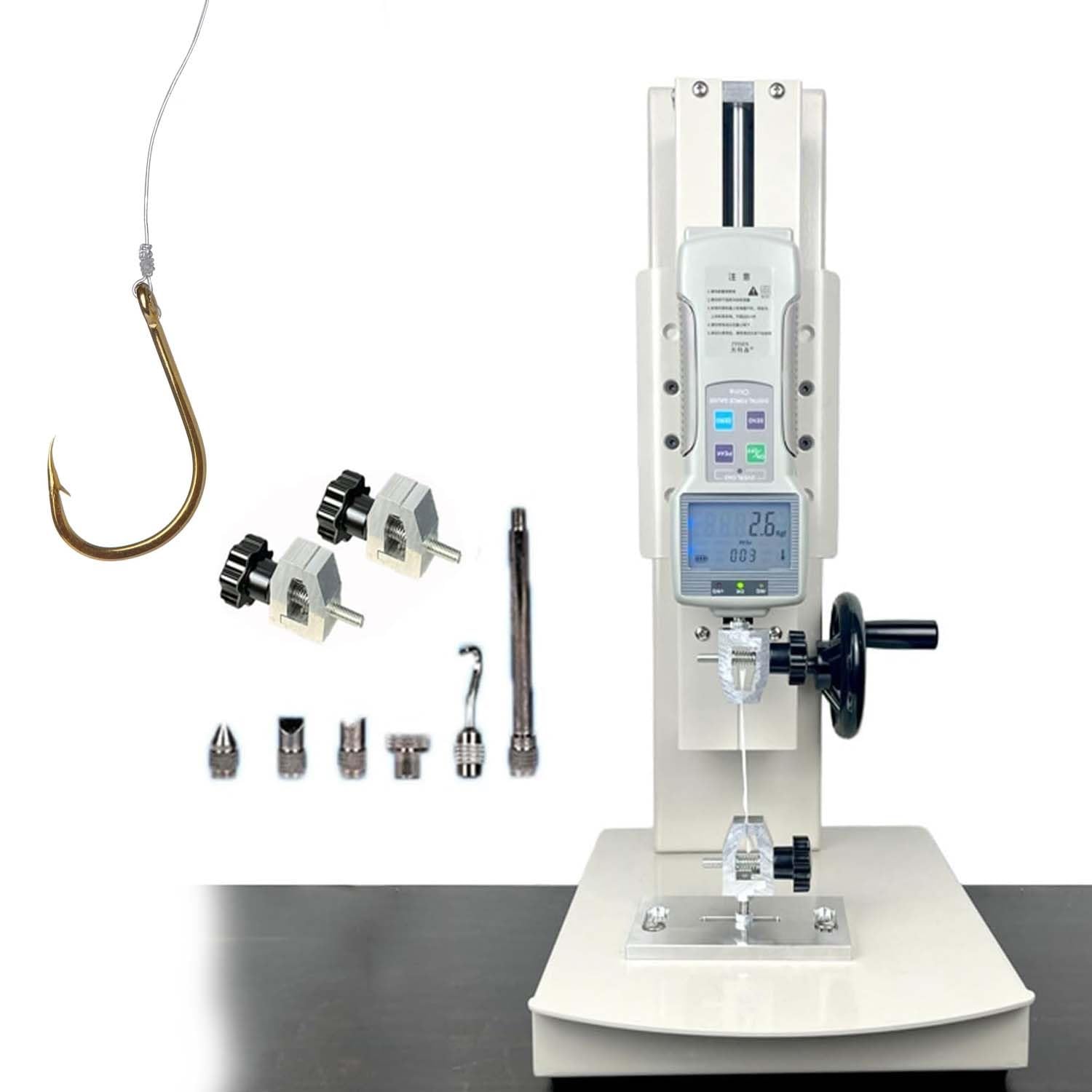 Digital Force Gauge, 10-2000N Manual Force Gauge Stand, Hand Wheel Operated, 300mm/11.8 Stroke, with 5 Probe, Three Types of Clamps, for Tension and Compression Test(Standard,1000N)