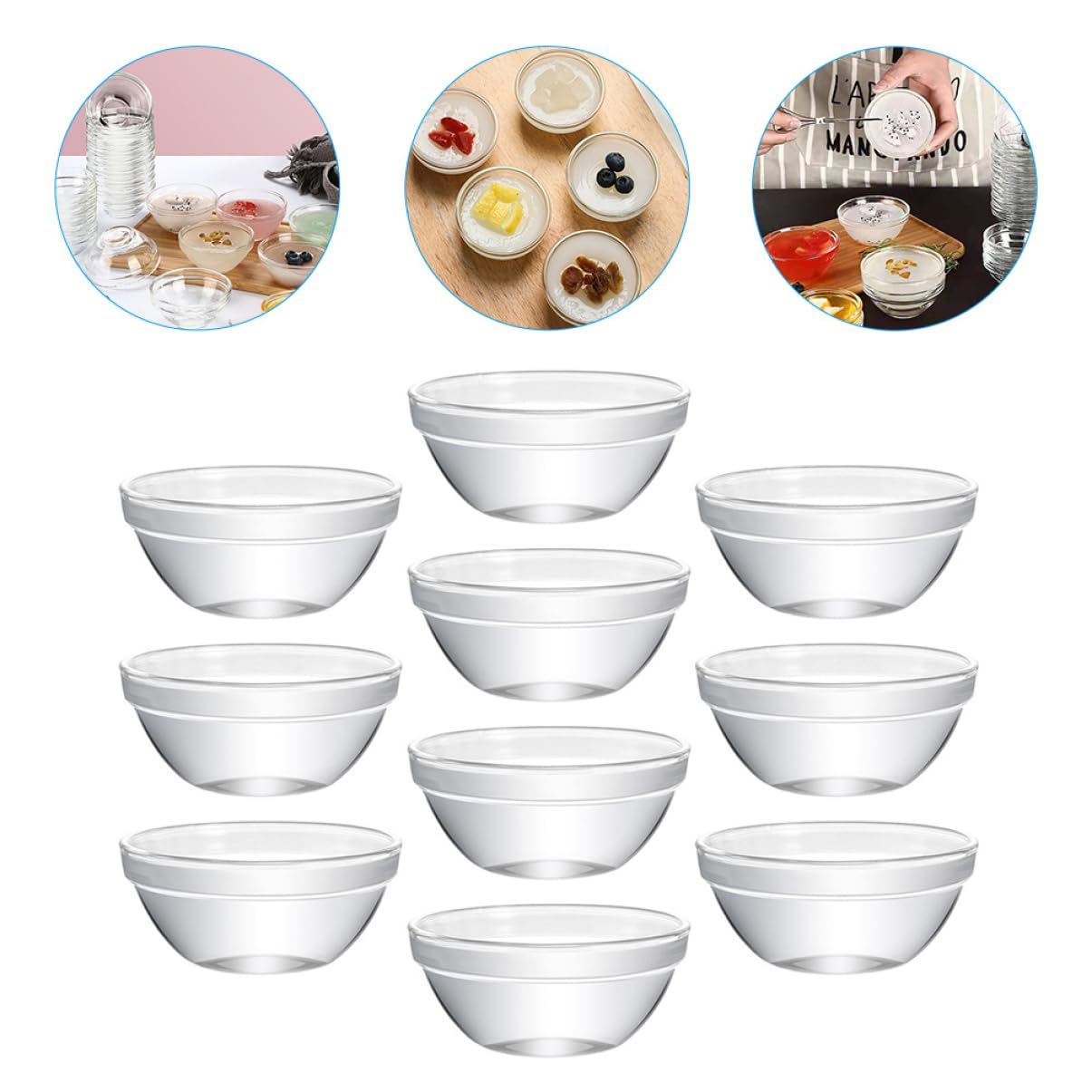 KOMBIUDA Ciotole in Vetro Trasparente Sicure per Lavastoviglige Set 10 Pezzi Pratiche e Resistenti per Dessert e Alimenti, Sicure per Lavastoviglie, per Casa e Ristorante